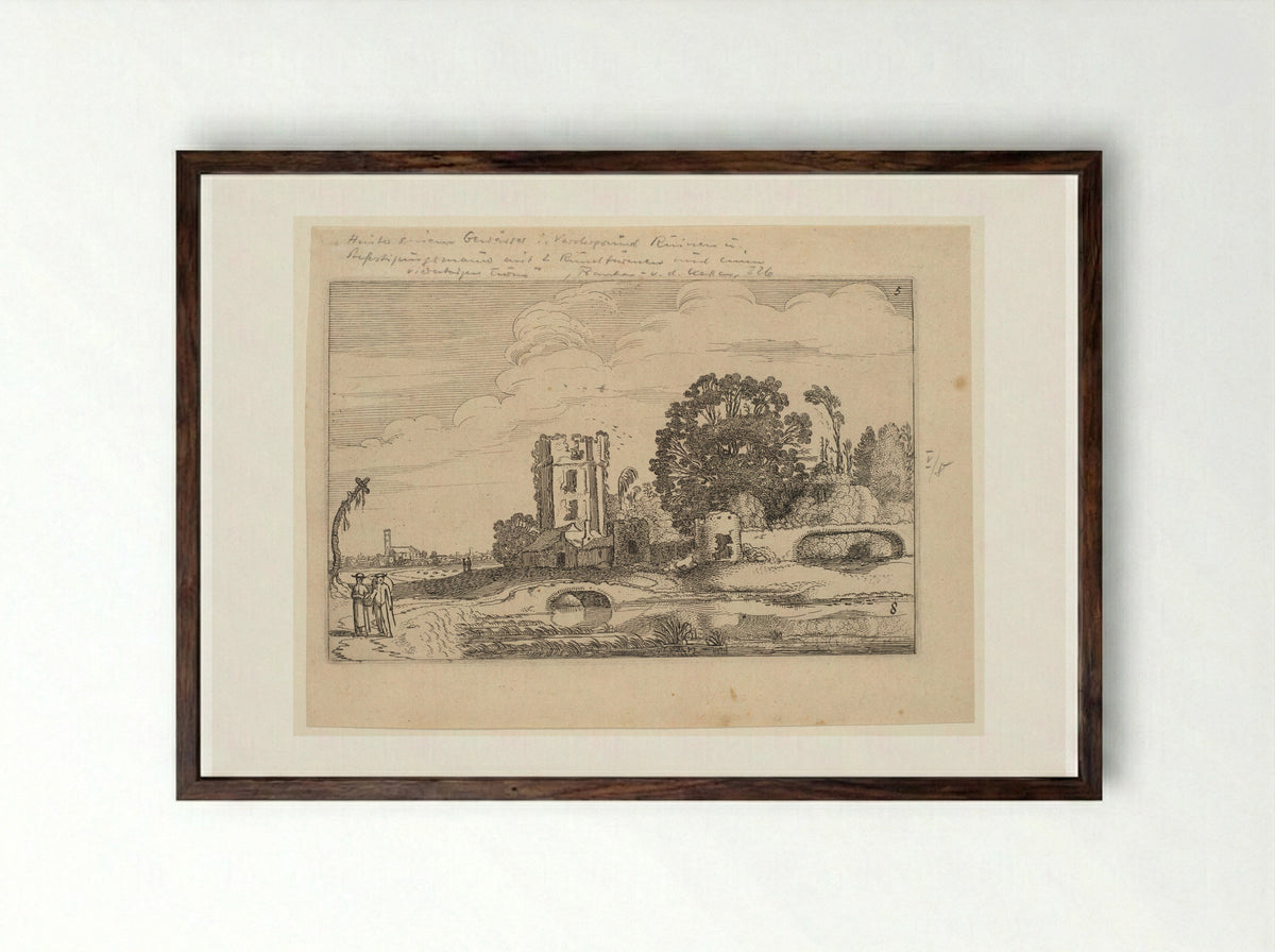Landscape with Tower of 'Het Huis te Kleef' - Jan van de Velde II - Framed Print Dark Wood