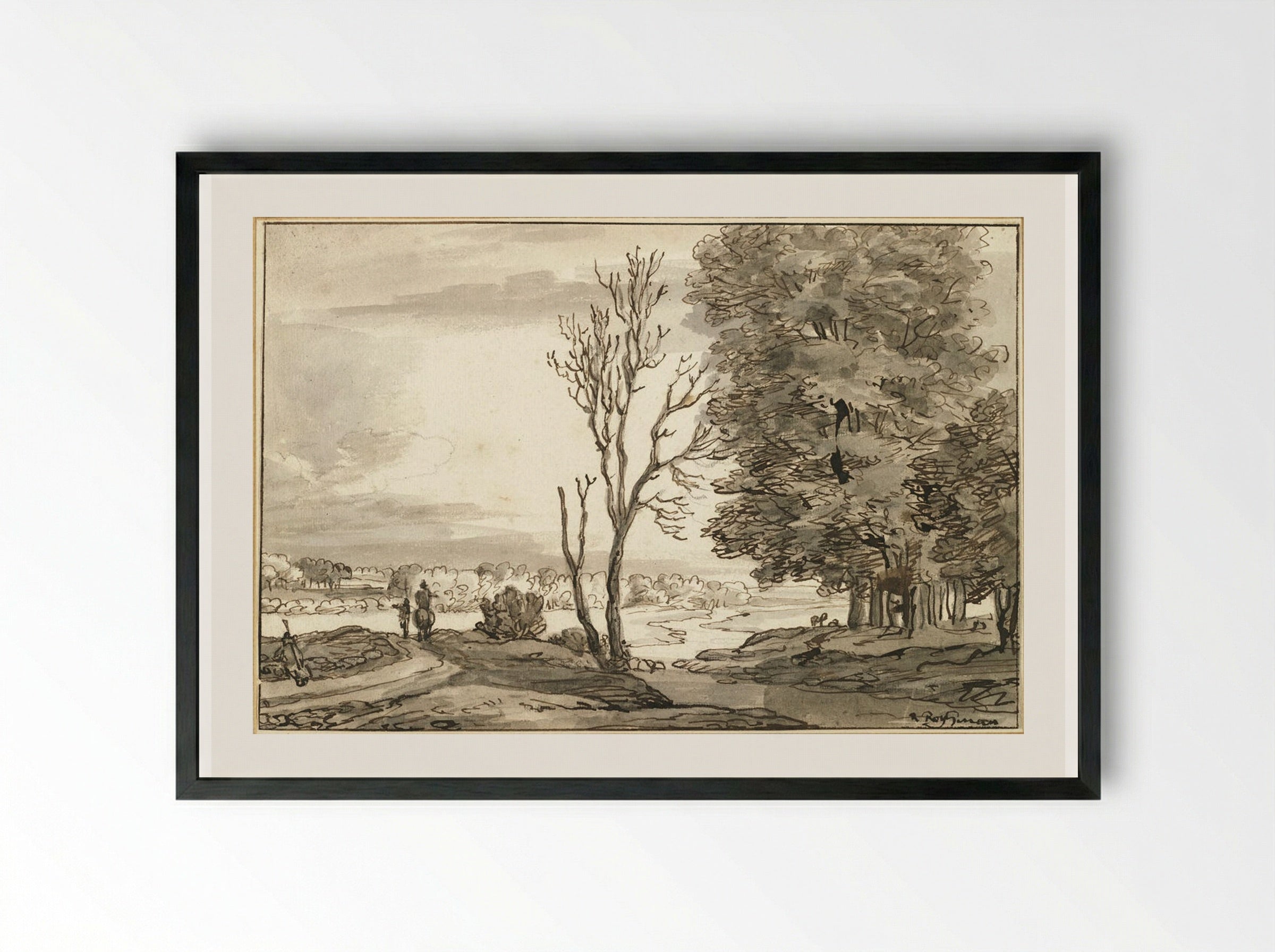 Landscape with Travelers - Roelant Roghman - Framed Print Black