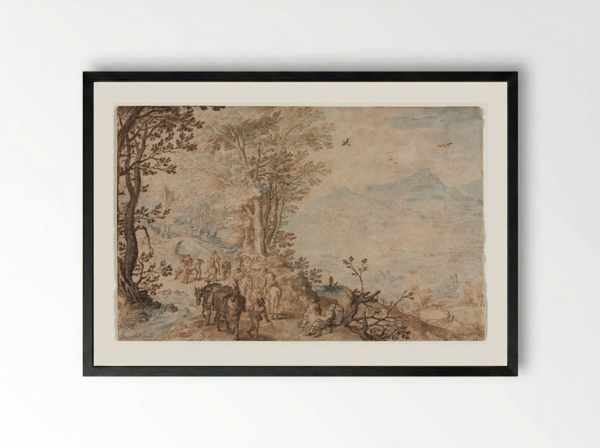 Landscape with Travelers - Jan Brueghel the Elder - Framed Print Black