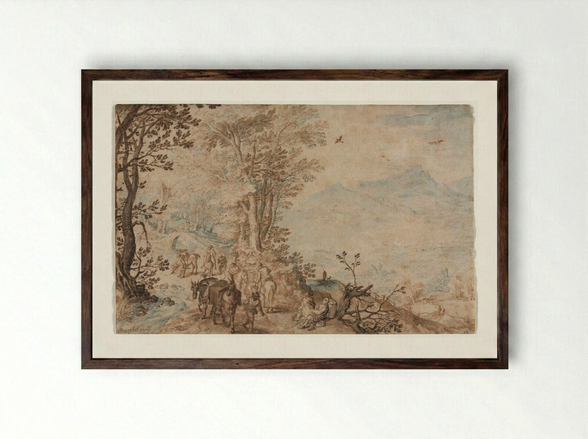 Landscape with Travelers - Jan Brueghel the Elder - Framed Print Dark Wood