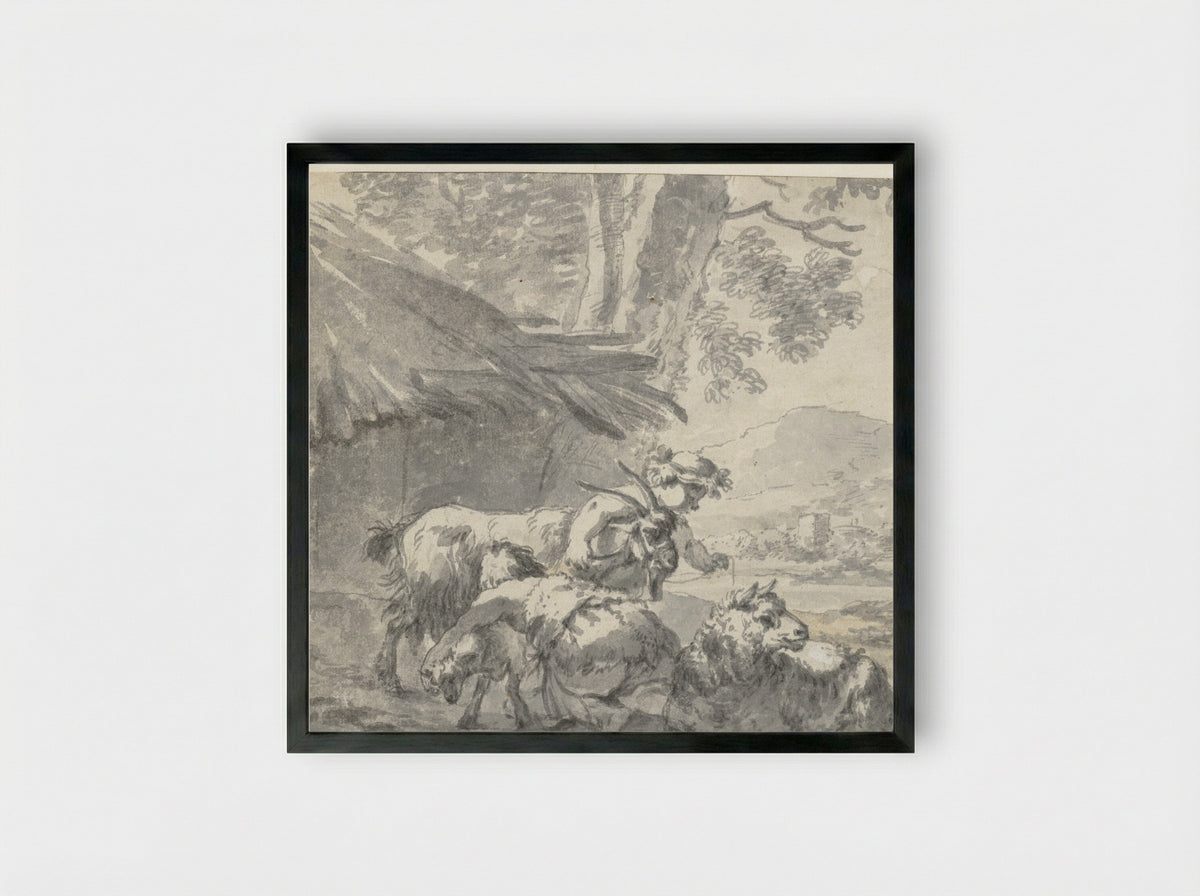 Landscape with Two Children Playing with a Goat, a Lamb and a Sheep - Simon van der Does - Framed Print Black