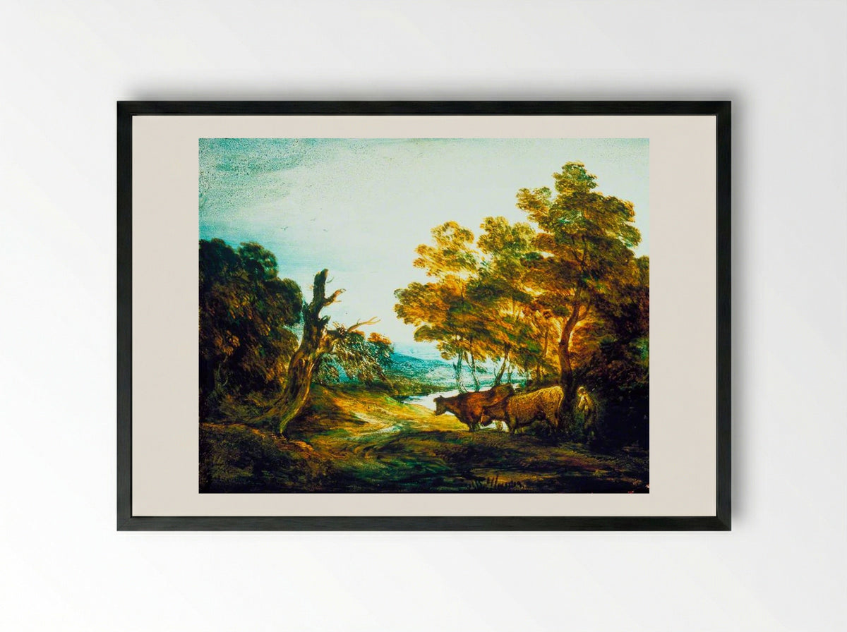 Landscape with Two Cows - Thomas Gainsborough - Framed Print Black