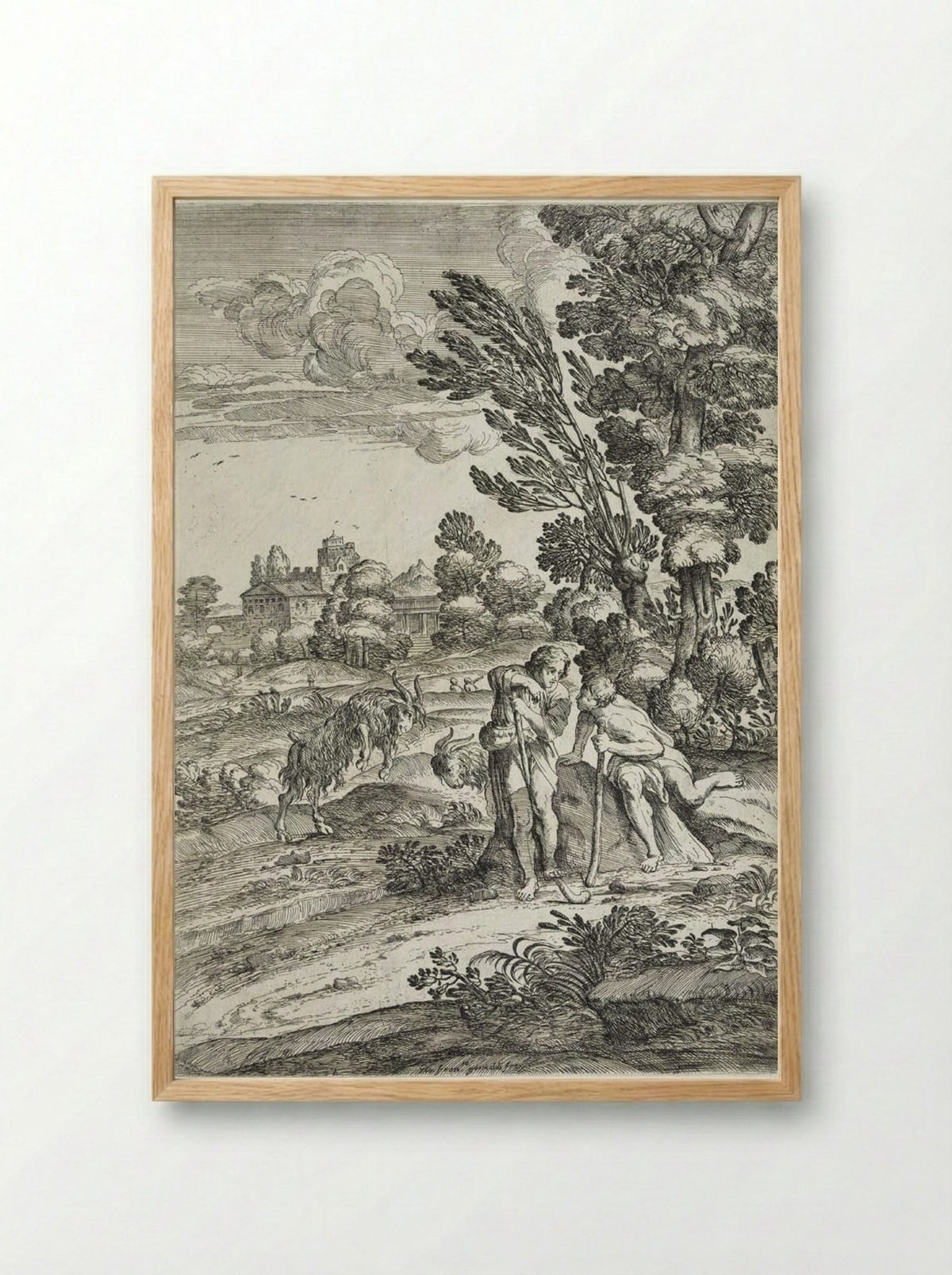 Landscape with Two Fighting Goats - Giovanni Francesco Grimaldi - Framed Print Wood