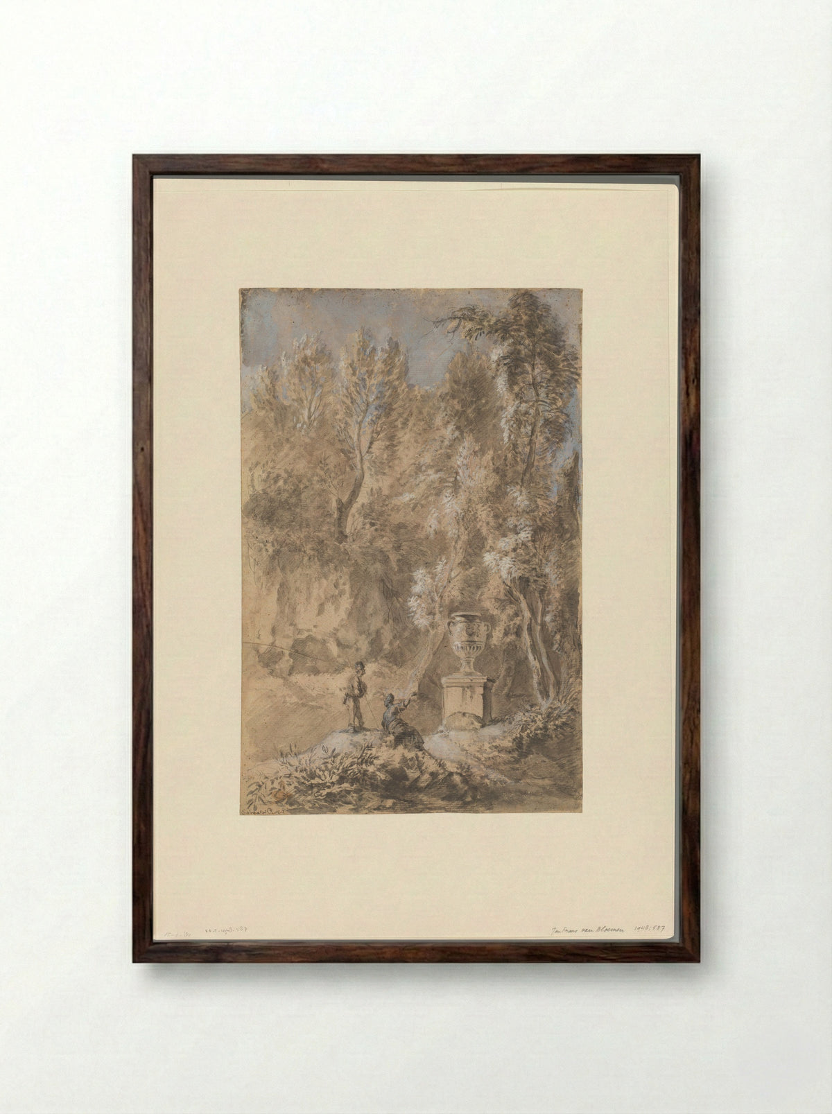Landscape with Two Figures by a Monumental Vase - Jan Frans van Bloemen - Framed Print Dark Wood