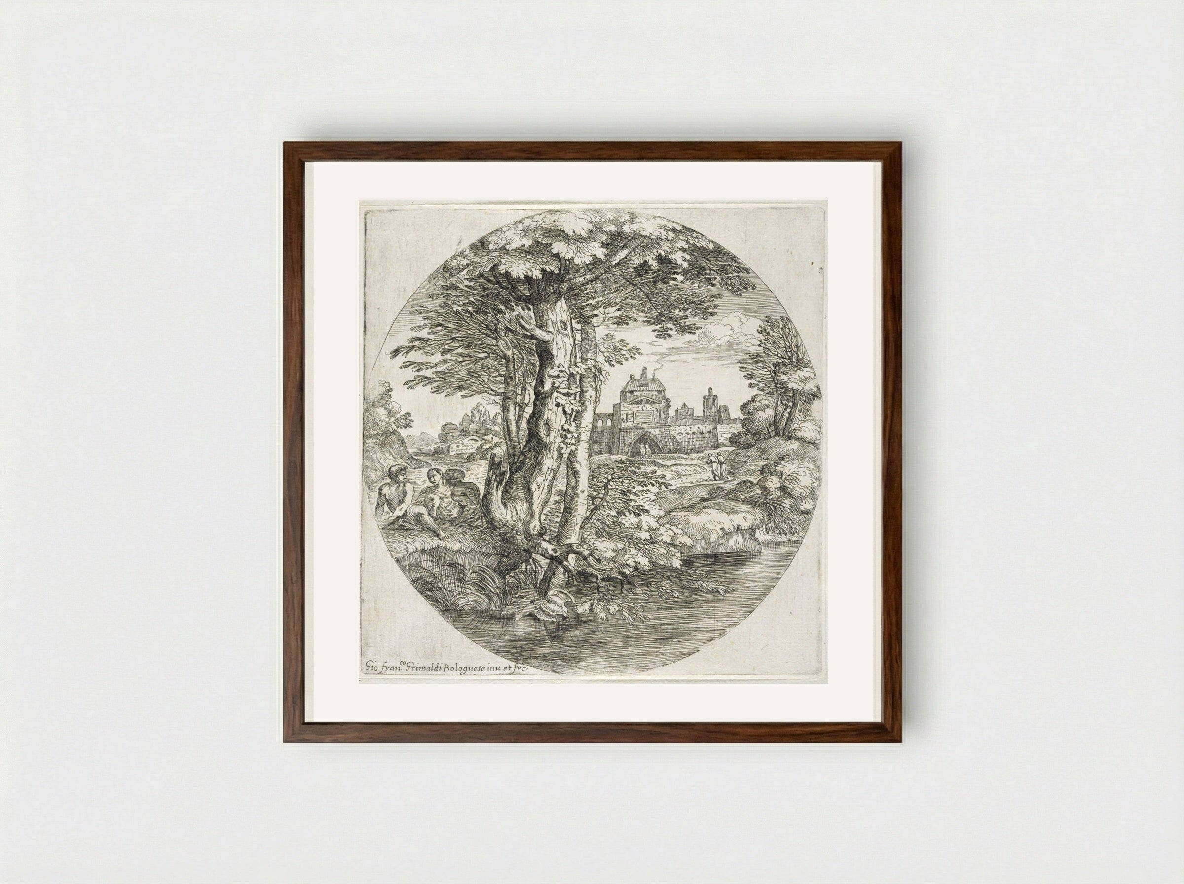 Landscape with Two Horsemen Entering a Small Fort - Giovanni Francesco Grimaldi - Framed Print Dark Wood