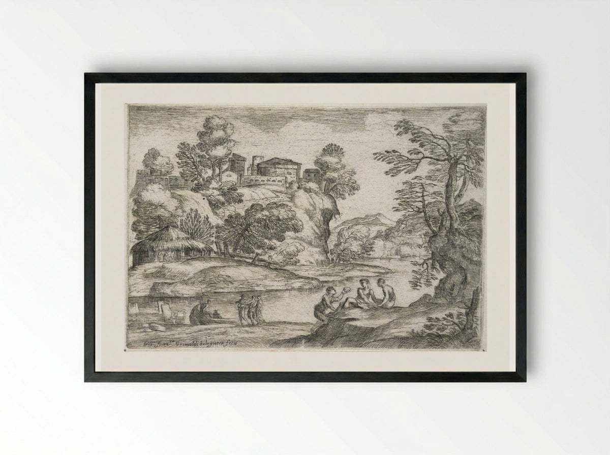 Landscape with Two Men Seated on a Hillock - Giovanni Francesco Grimaldi - Framed Print Black