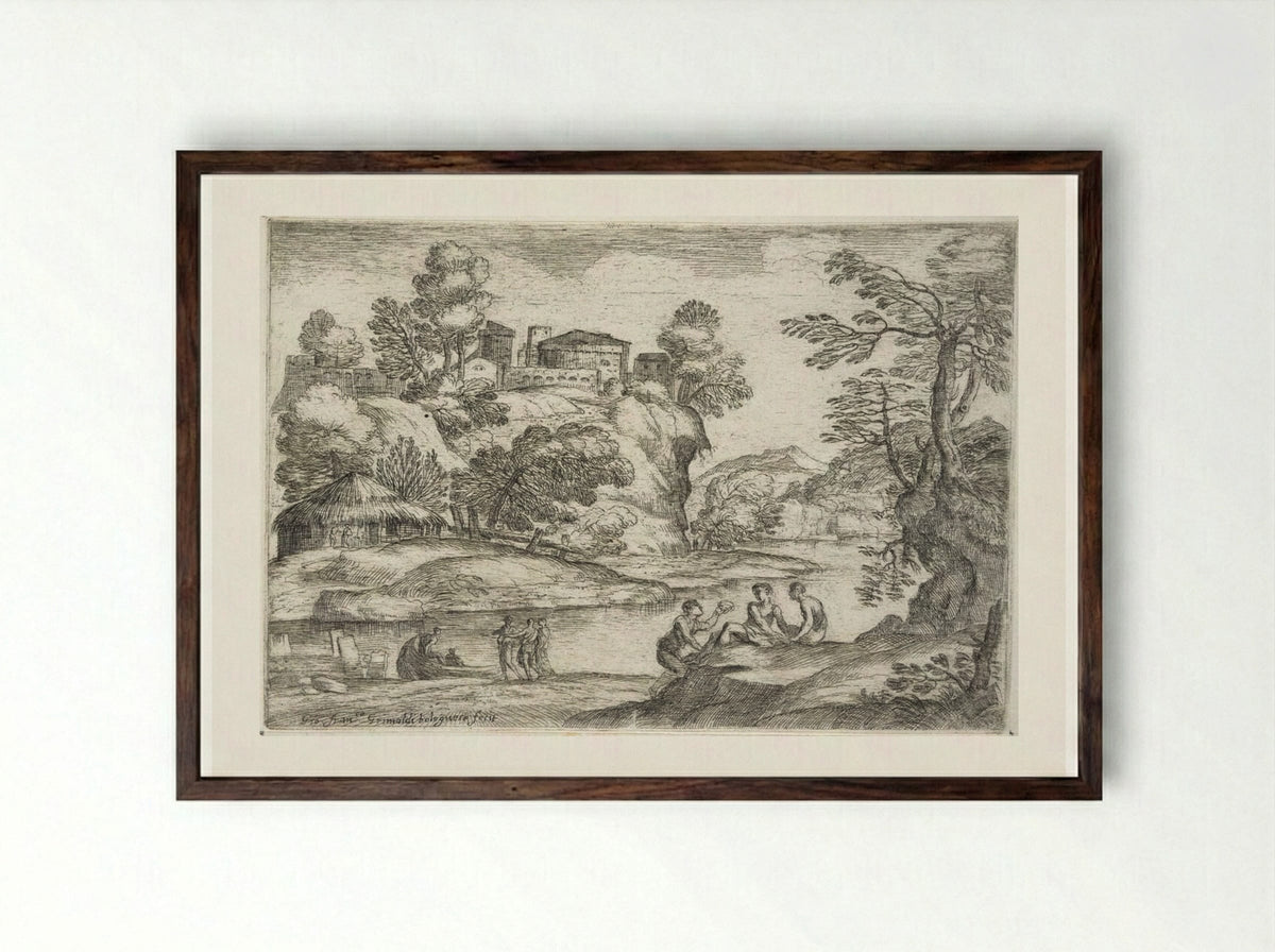Landscape with Two Men Seated on a Hillock - Giovanni Francesco Grimaldi - Framed Print Dark Wood