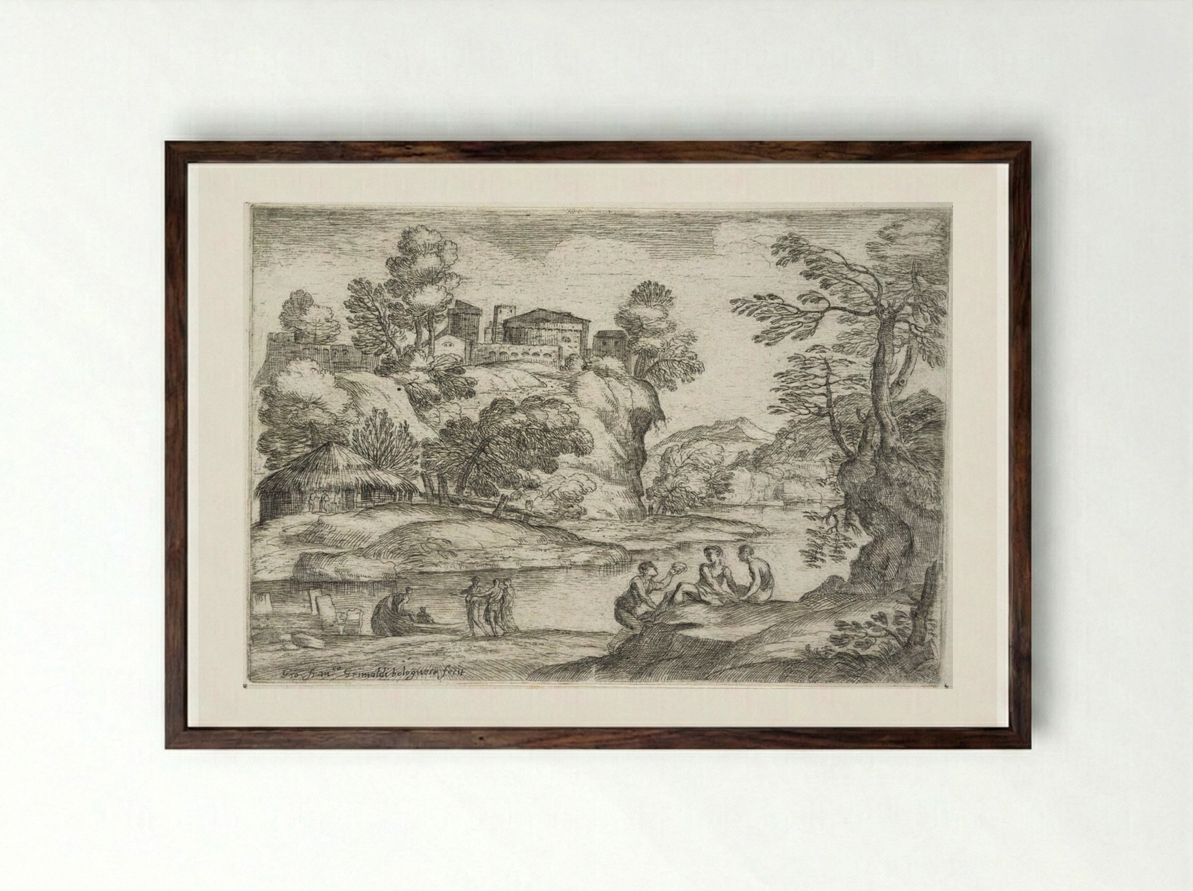 Landscape with Two Men Seated on a Hillock - Giovanni Francesco Grimaldi - Framed Print Dark Wood