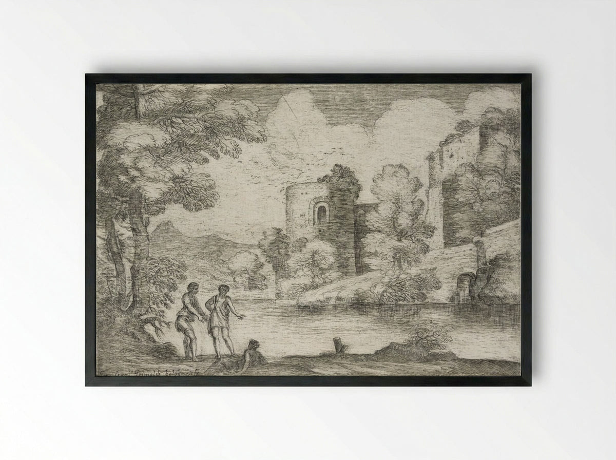 Landscape with Two Men Standing near a Seated Man - Giovanni Francesco Grimaldi - Framed Print Black