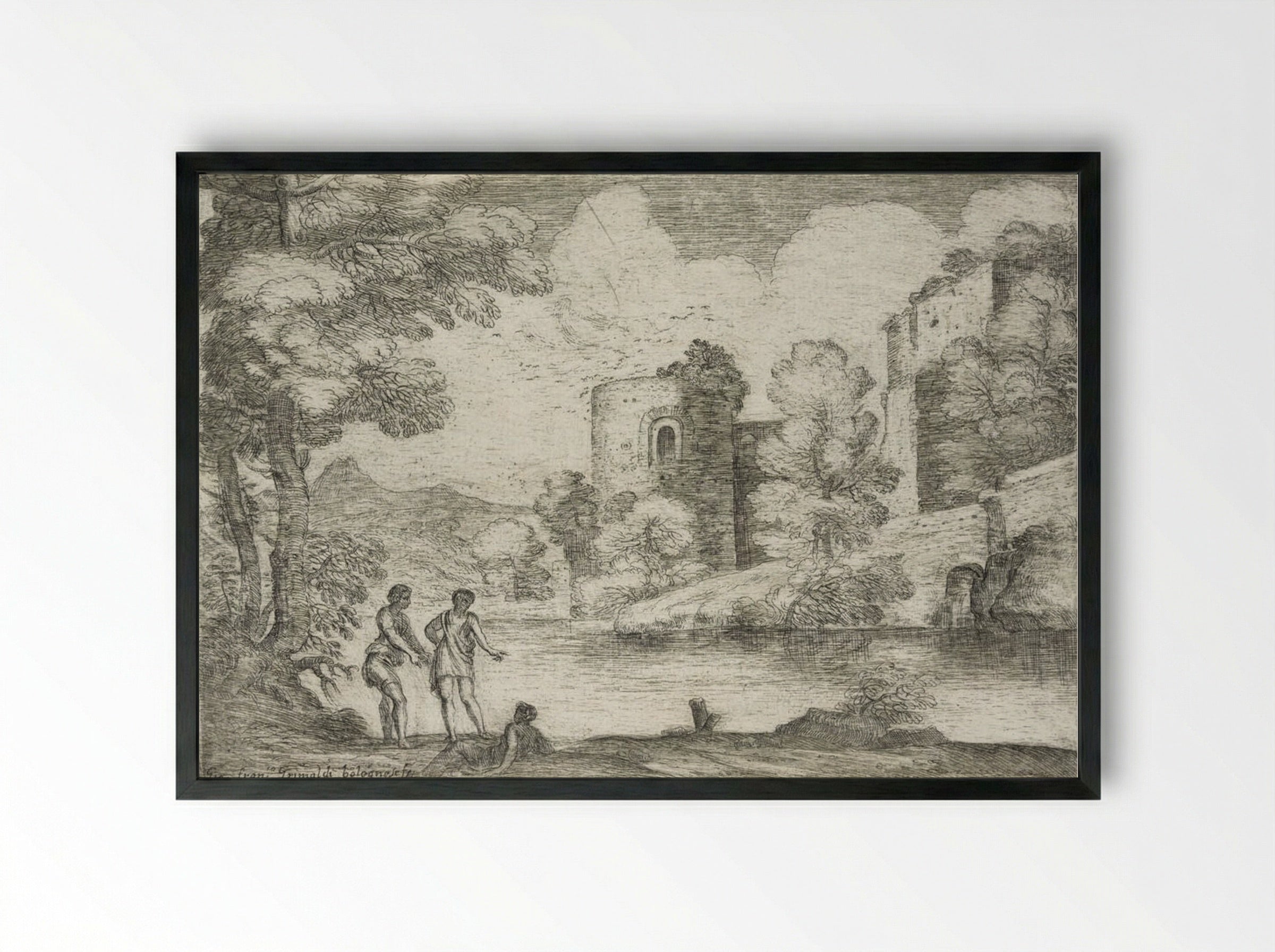 Landscape with Two Men Standing near a Seated Man - Giovanni Francesco Grimaldi - Framed Print Black