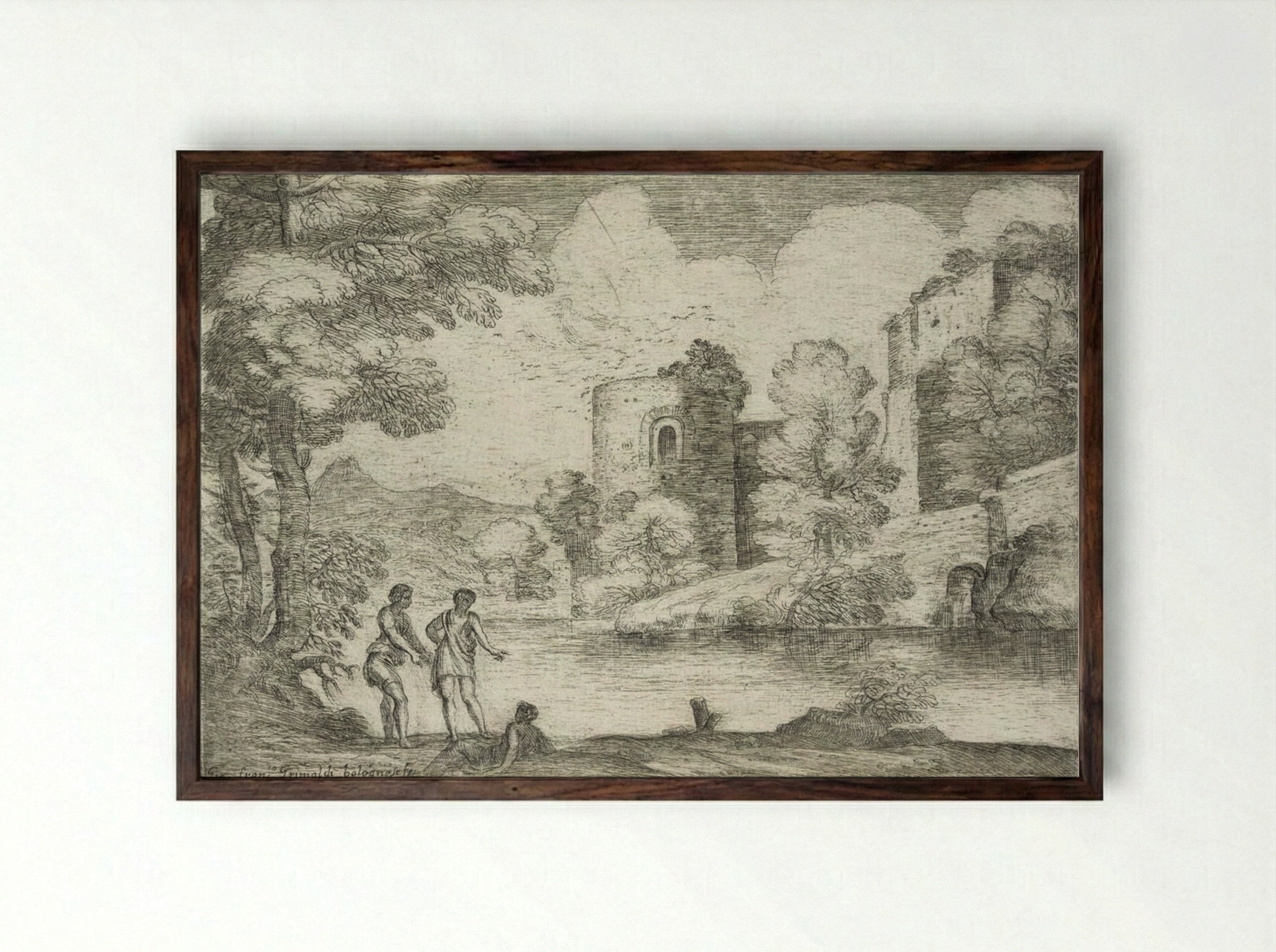 Landscape with Two Men Standing near a Seated Man - Giovanni Francesco Grimaldi - Framed Print Dark Wood