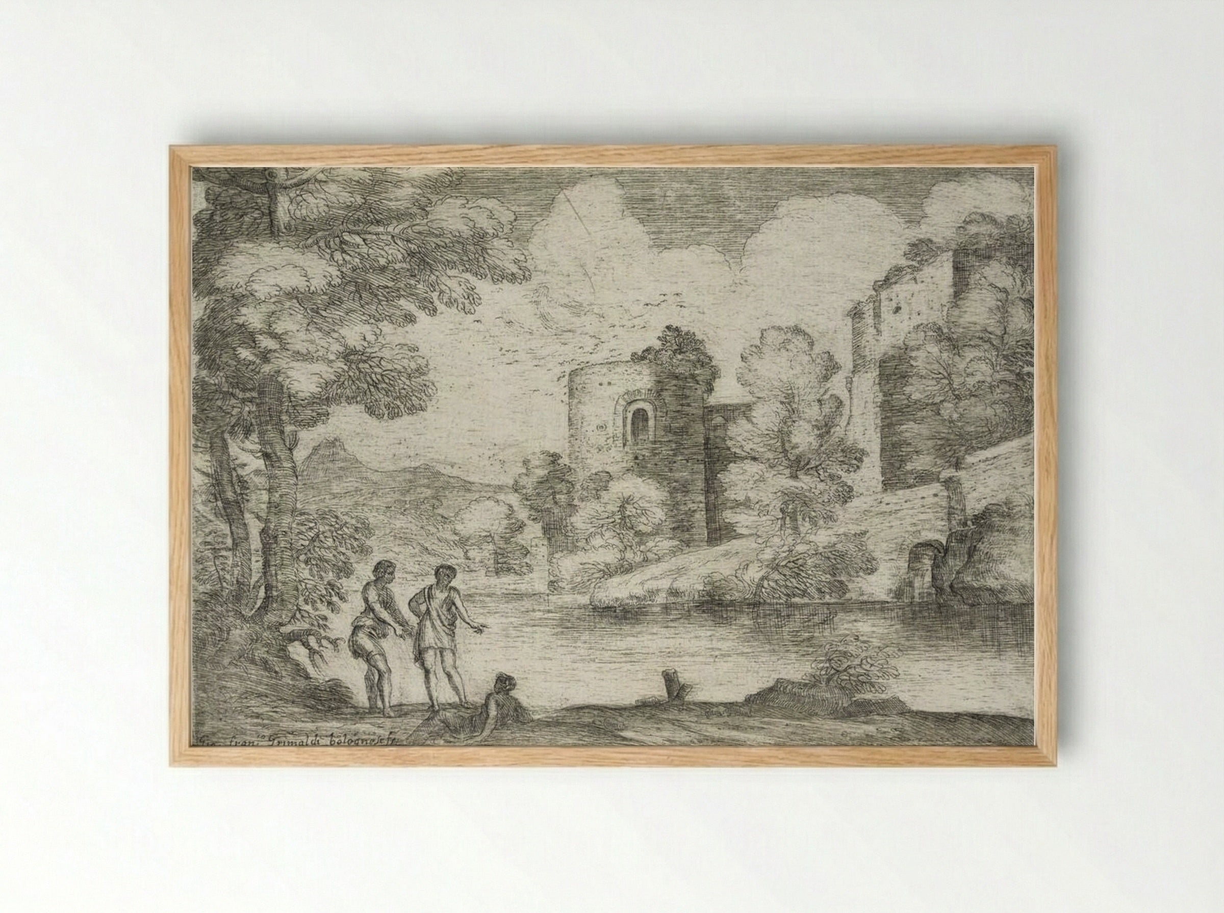 Landscape with Two Men Standing near a Seated Man - Giovanni Francesco Grimaldi - Framed Print Wood