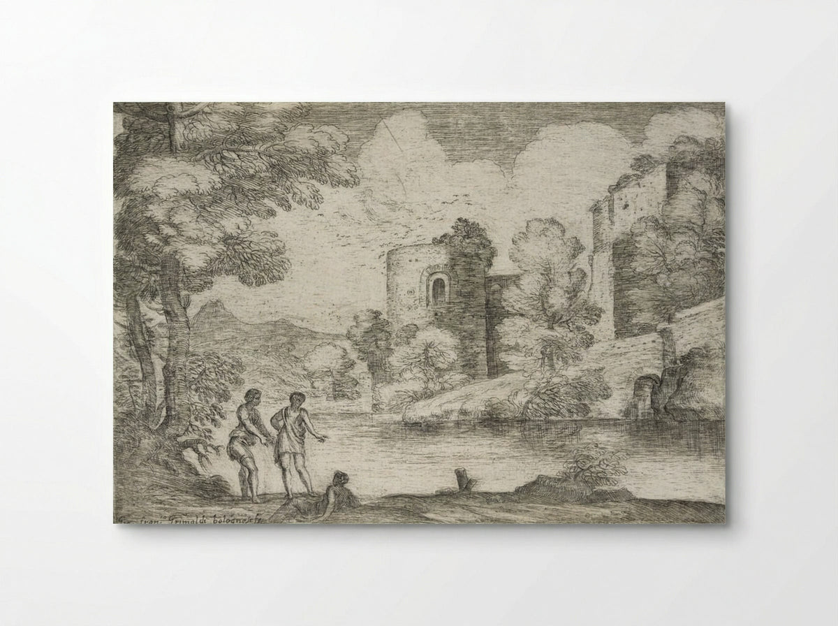 Landscape with Two Men Standing near a Seated Man - Giovanni Francesco Grimaldi - Poster