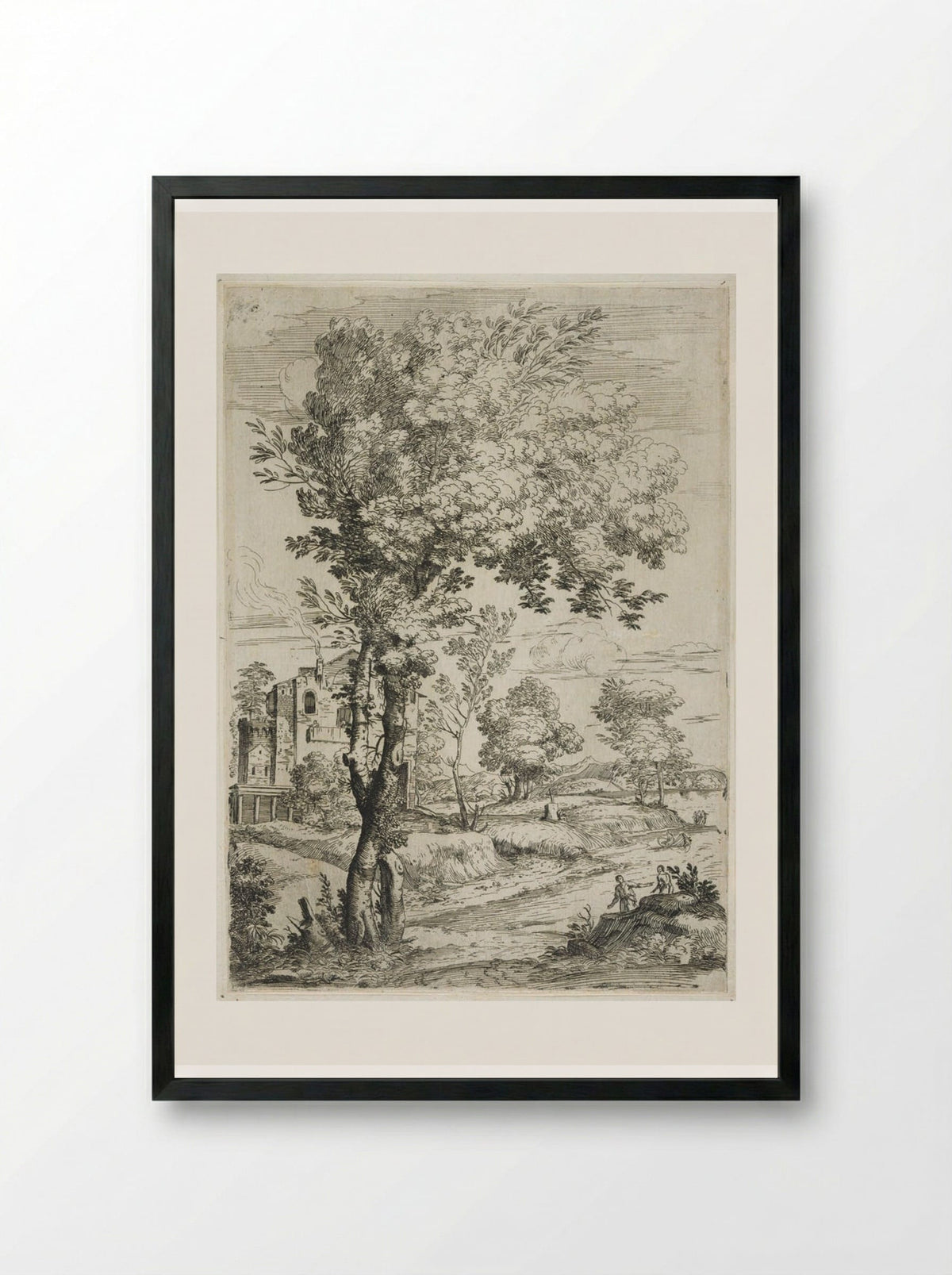 Landscape with Two Men on a Hillock - Giovanni Francesco Grimaldi - Framed Print Black
