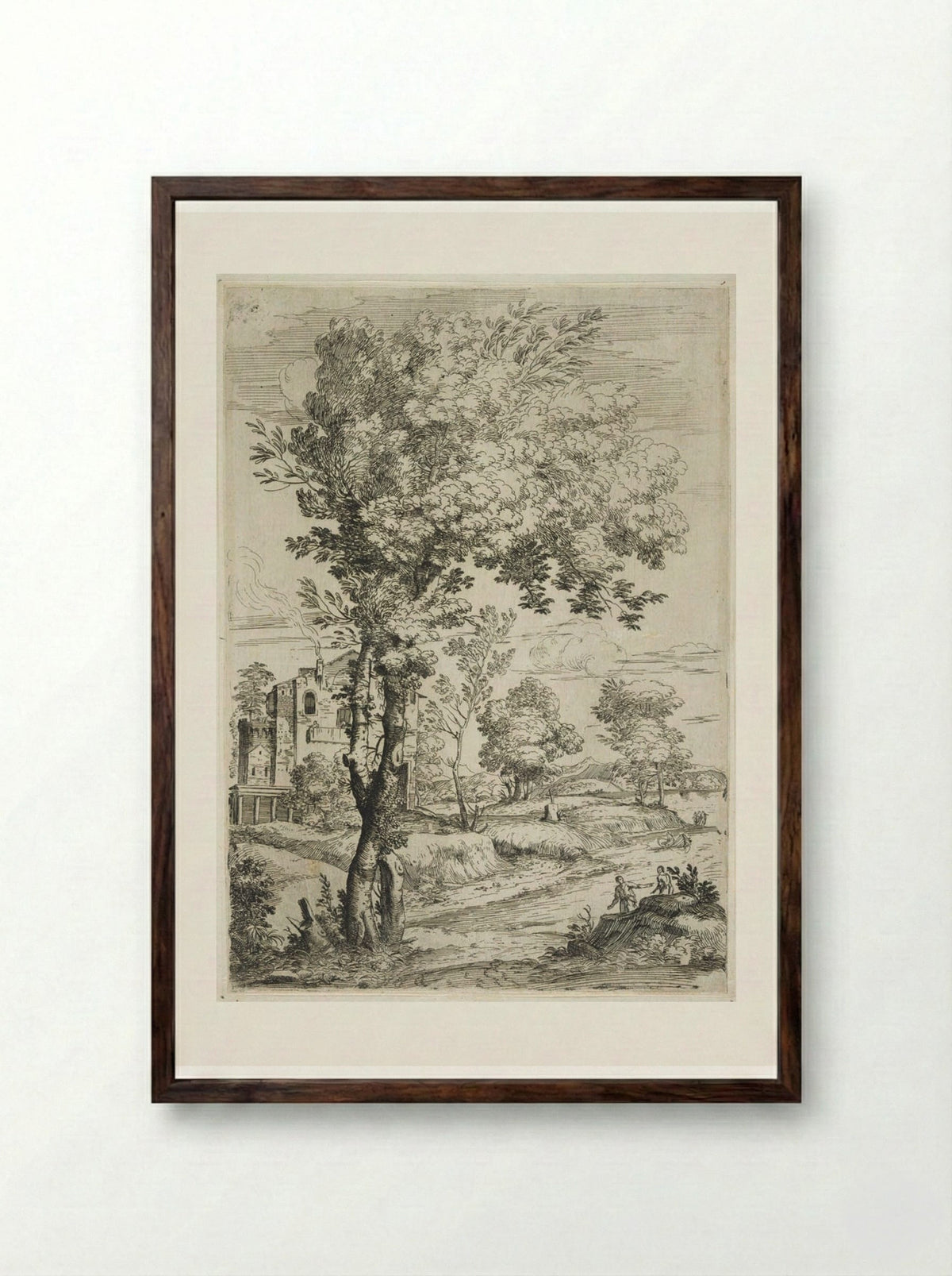 Landscape with Two Men on a Hillock - Giovanni Francesco Grimaldi - Framed Print Dark Wood