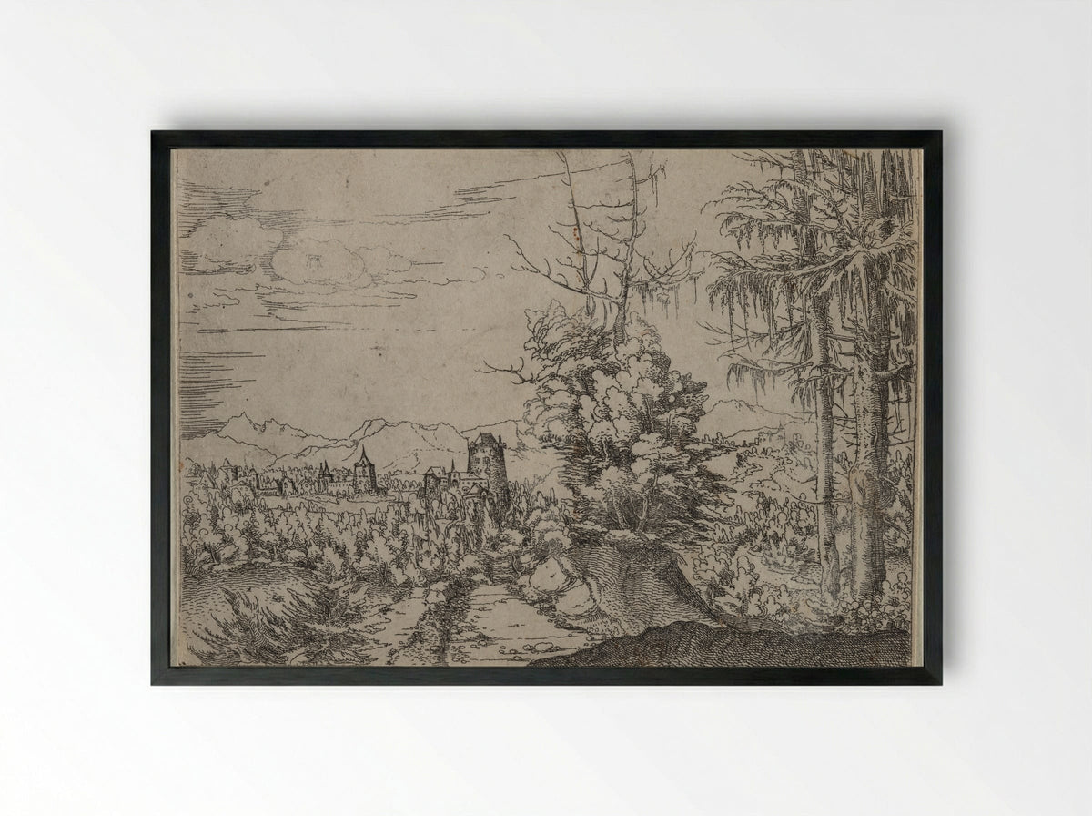 Landscape with Two Pines - Albrecht Altdorfer - Framed Print Black