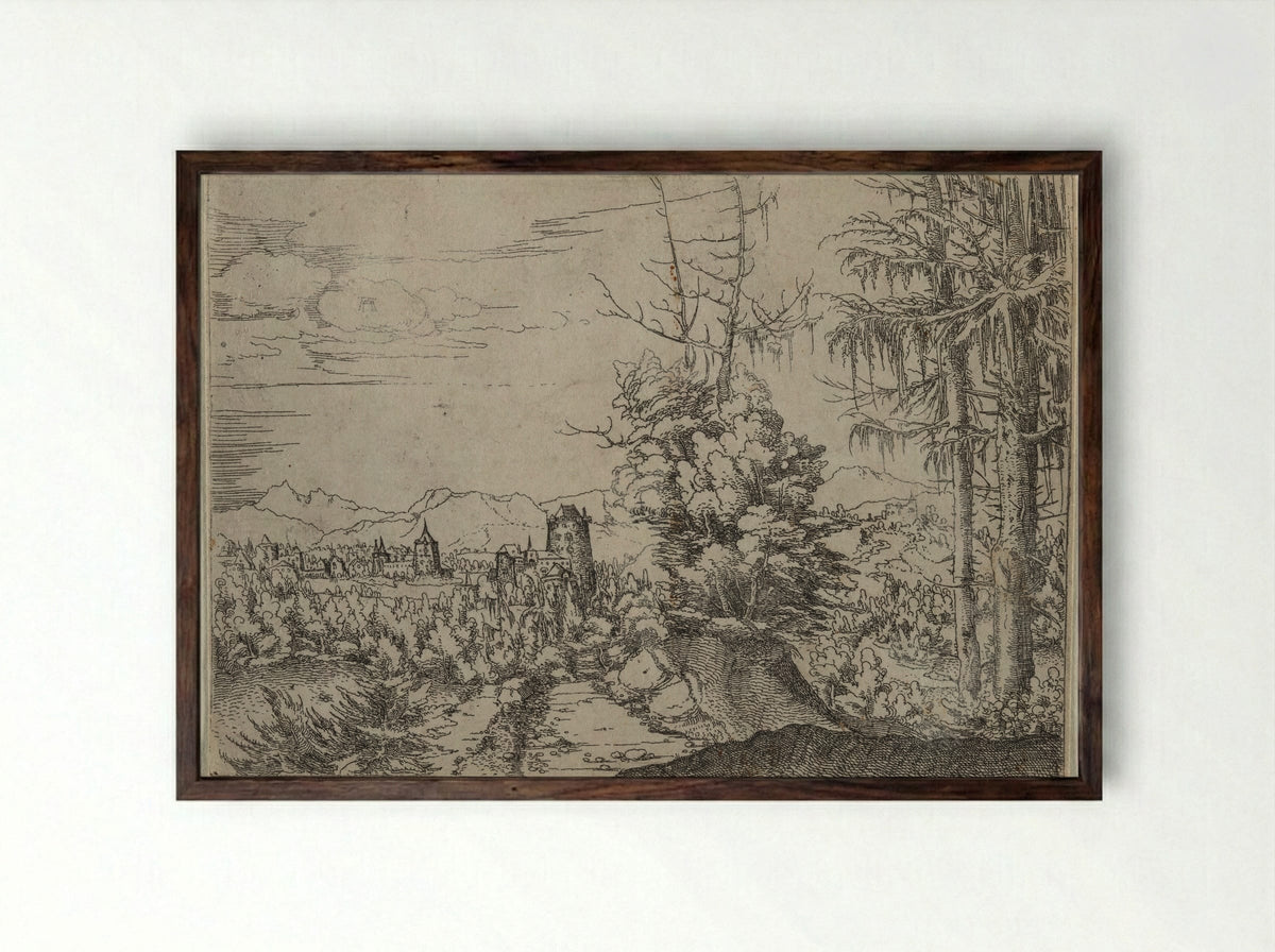 Landscape with Two Pines - Albrecht Altdorfer - Framed Print Dark Wood