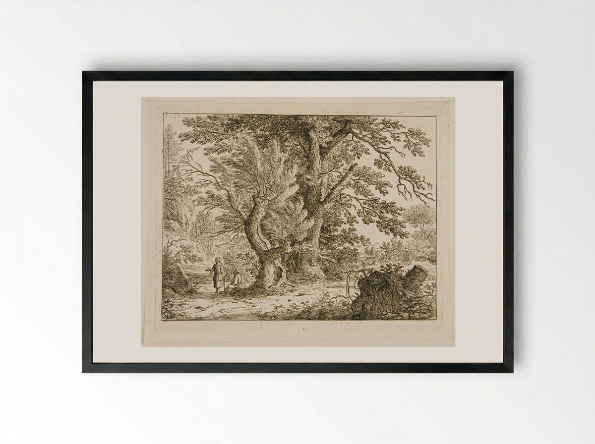 Landscape with Two Women, One Standing and One Sitting under the Trees - Felix Meyer - Framed Print Black