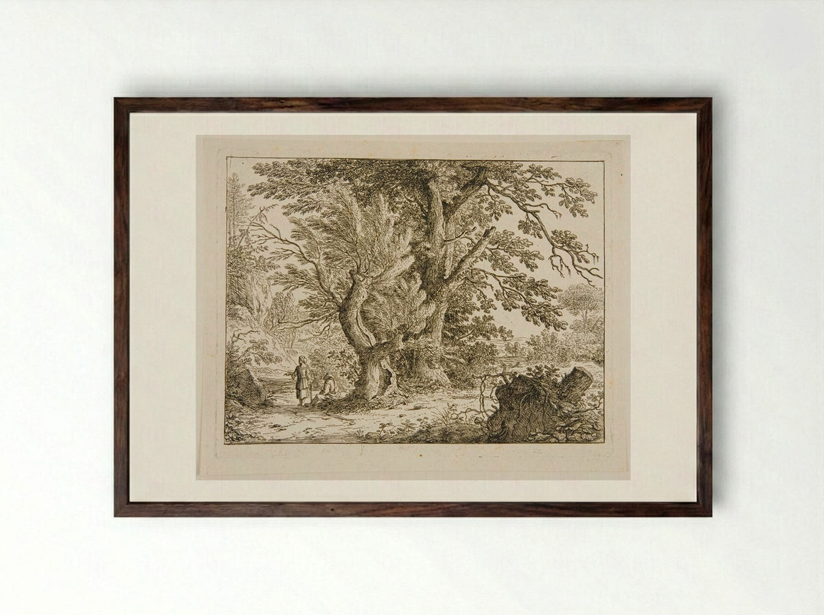 Landscape with Two Women, One Standing and One Sitting under the Trees - Felix Meyer - Framed Print Dark Wood