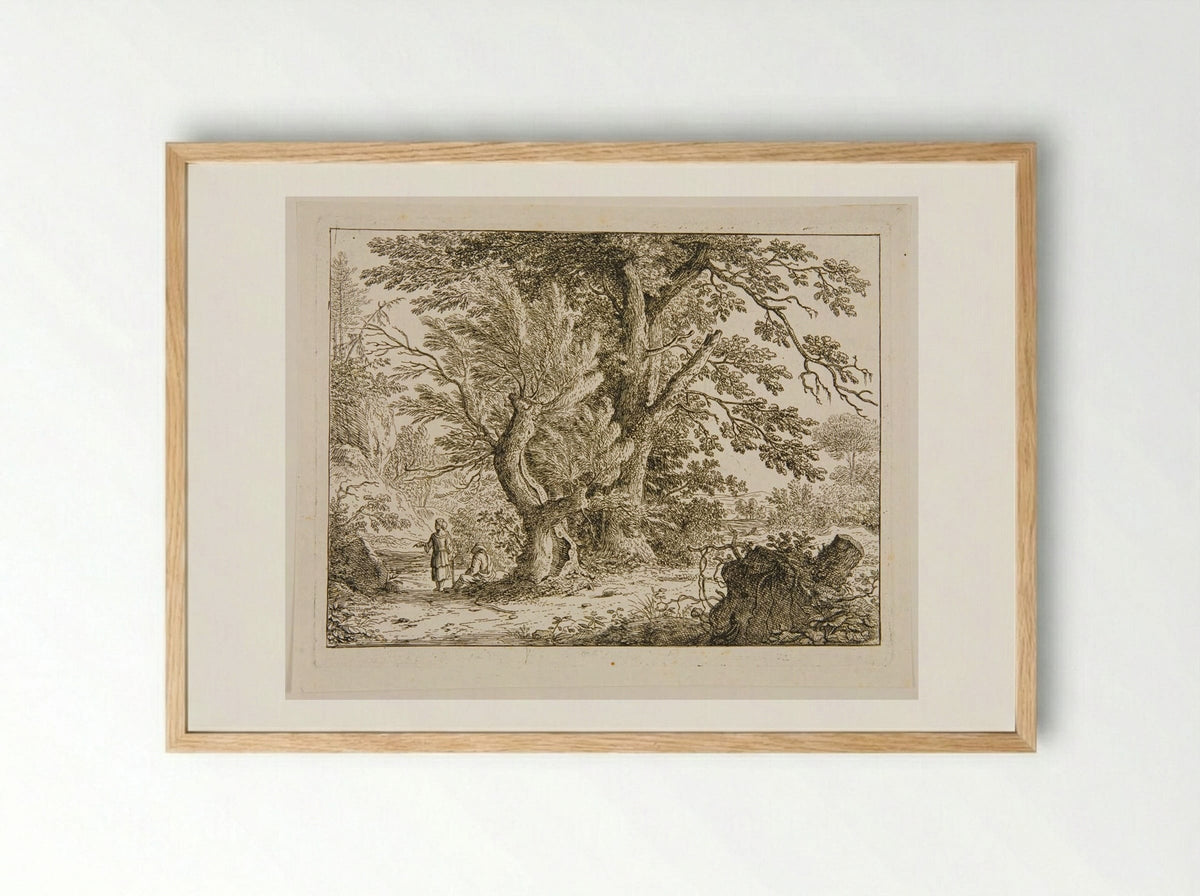Landscape with Two Women, One Standing and One Sitting under the Trees - Felix Meyer - Framed Print Wood