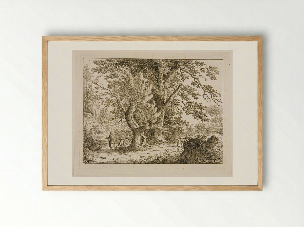 Landscape with Two Women, One Standing and One Sitting under the Trees - Felix Meyer - Framed Print Wood