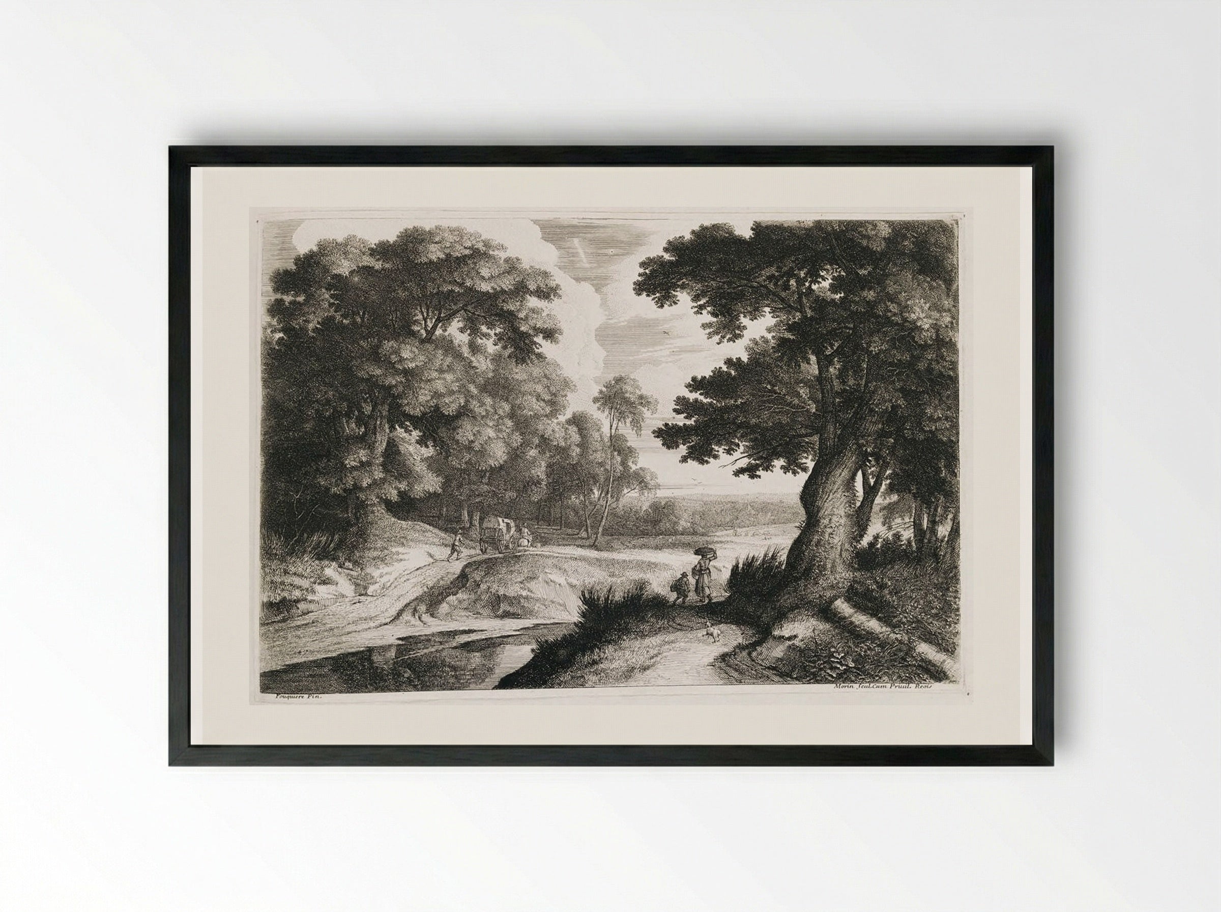 Landscape with Wagon and Travellers - Jean Morin - Framed Print Black