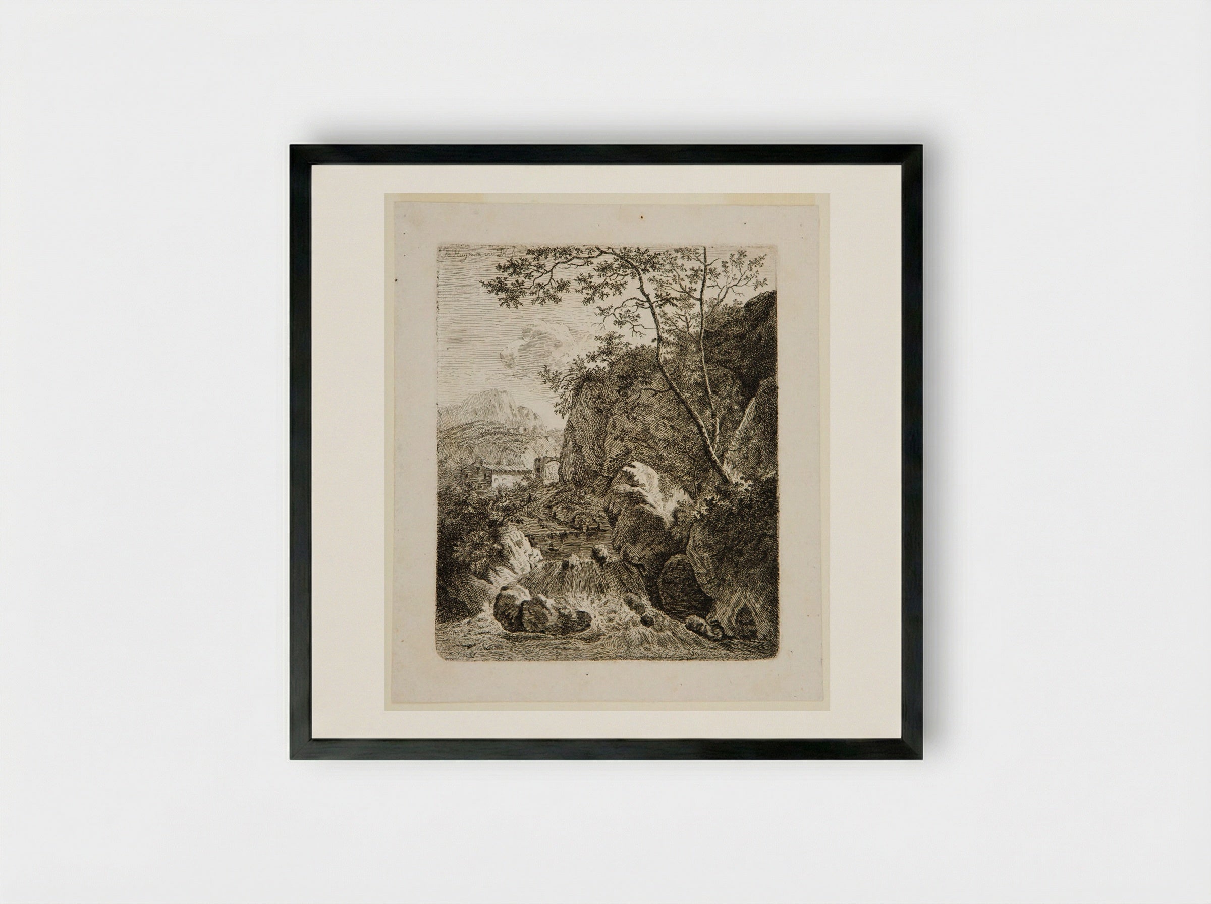 Landscape with Waterfall - Ferdinand Kobell - Framed Print Black