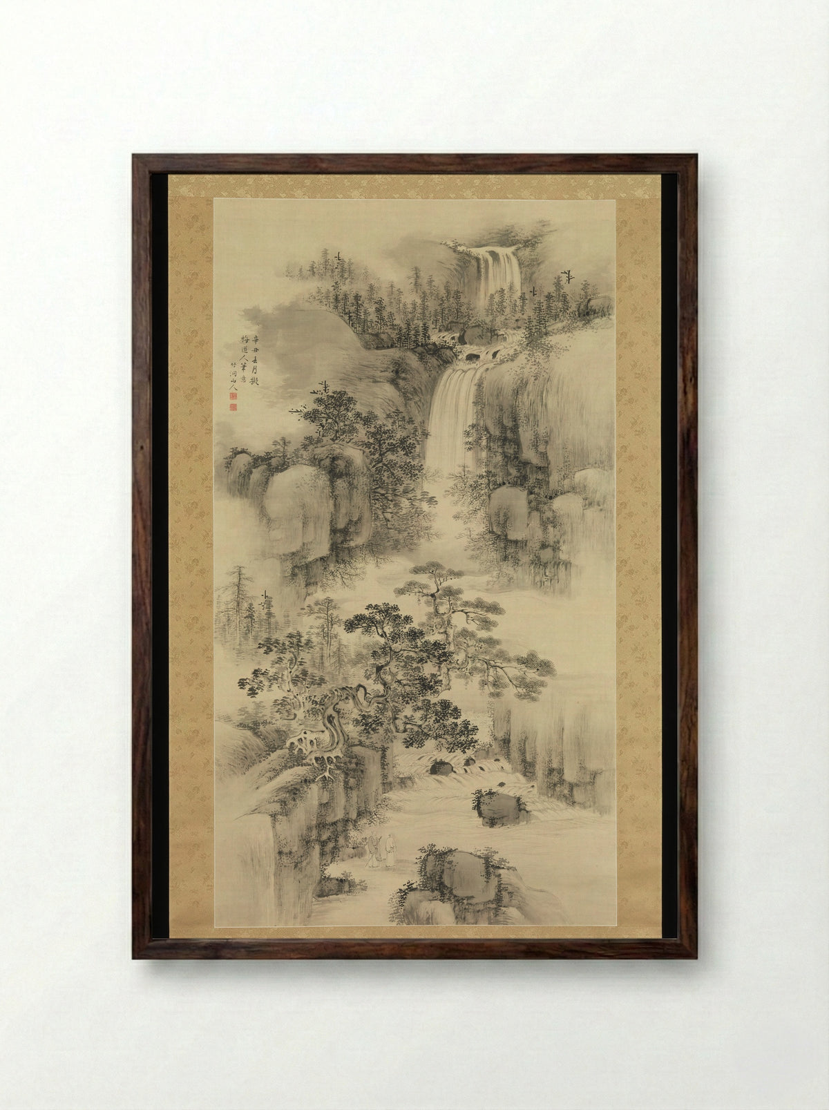 Landscape with Waterfall - Nakabayashi Chikutō - Framed Print Dark Wood
