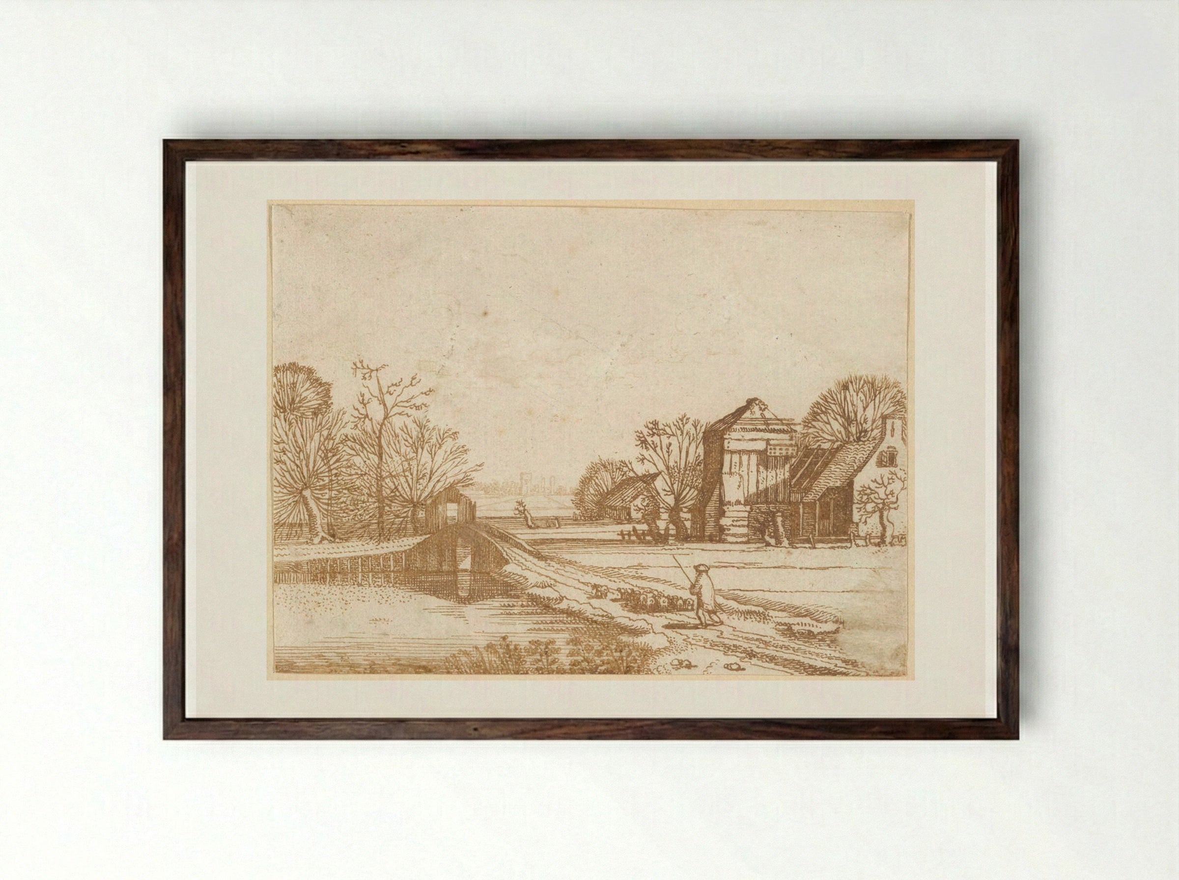 Landscape with a Bridge - Jan van de Velde II - Framed Print Dark Wood