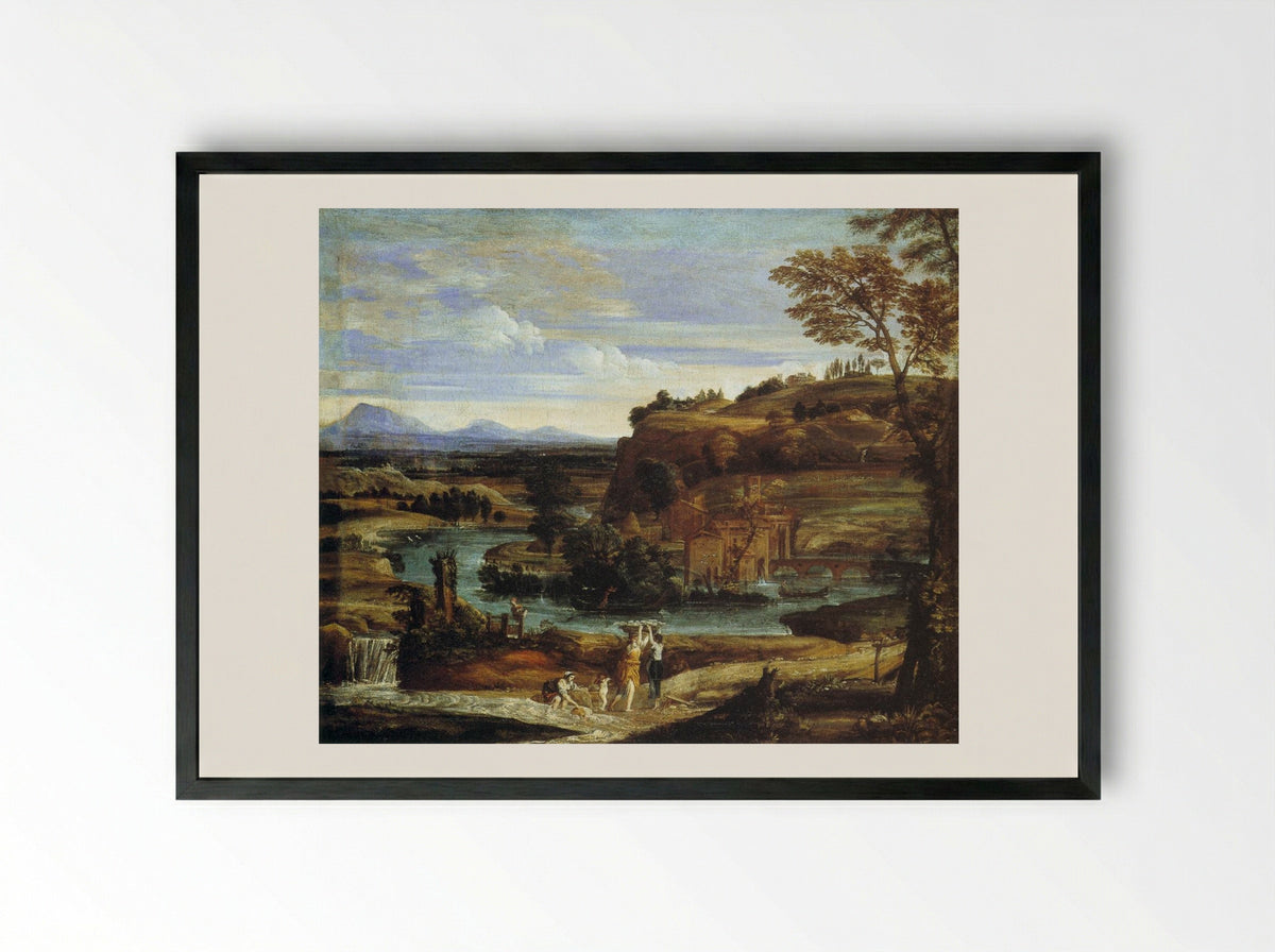 Landscape with a Child Overturning Wine - Domenichino - Framed Print Black