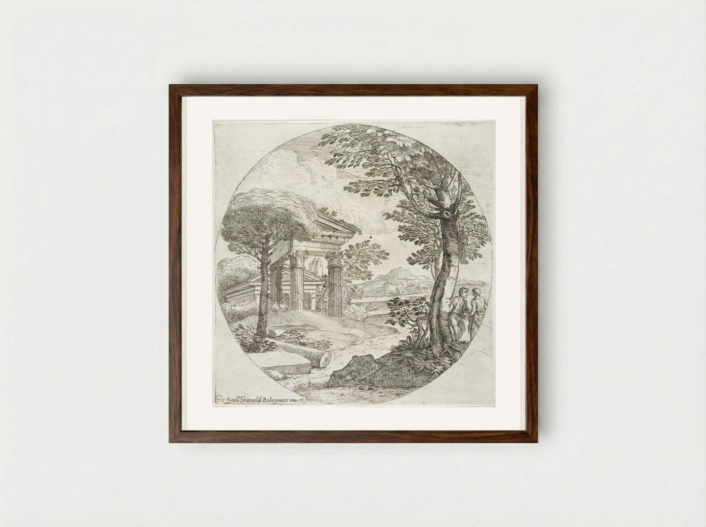 Landscape with a Column Shaft - Giovanni Francesco Grimaldi - Framed Print Dark Wood