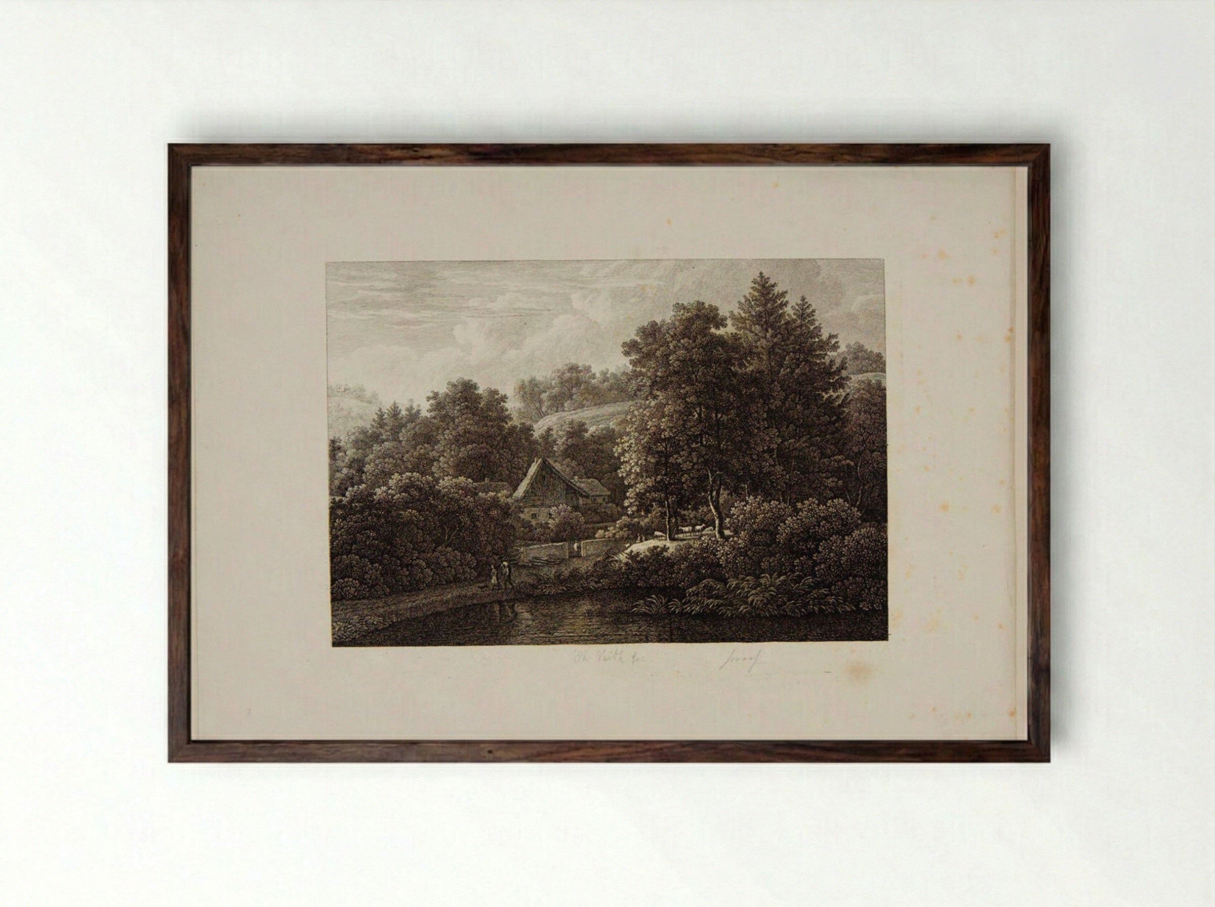 Landscape with a Cottage - Johann Philipp Veith - Framed Print Dark Wood