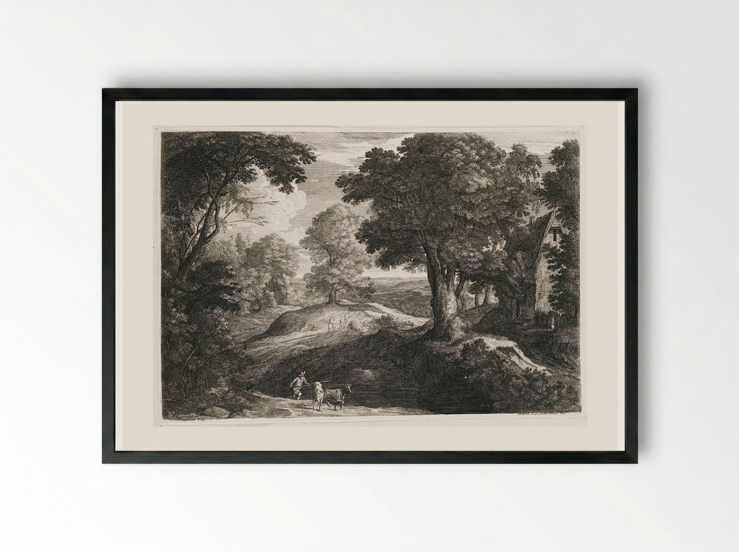 Landscape with a Cowherd - Jean Morin - Framed Print Black