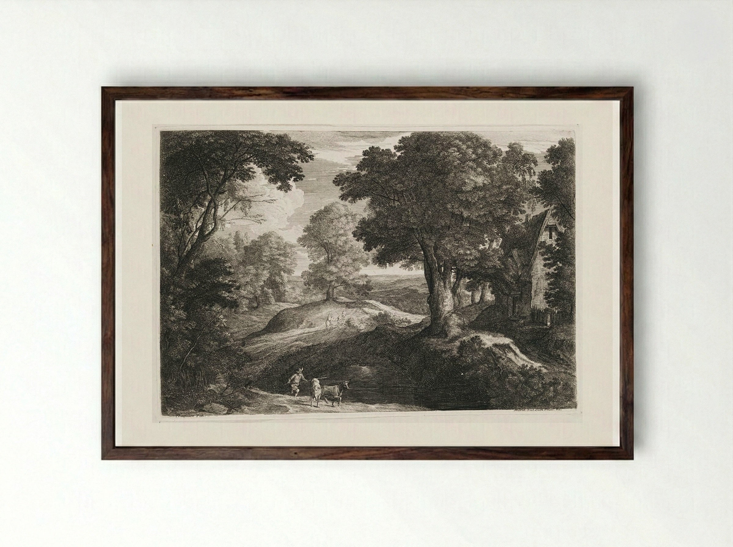 Landscape with a Cowherd - Jean Morin - Framed Print Dark Wood