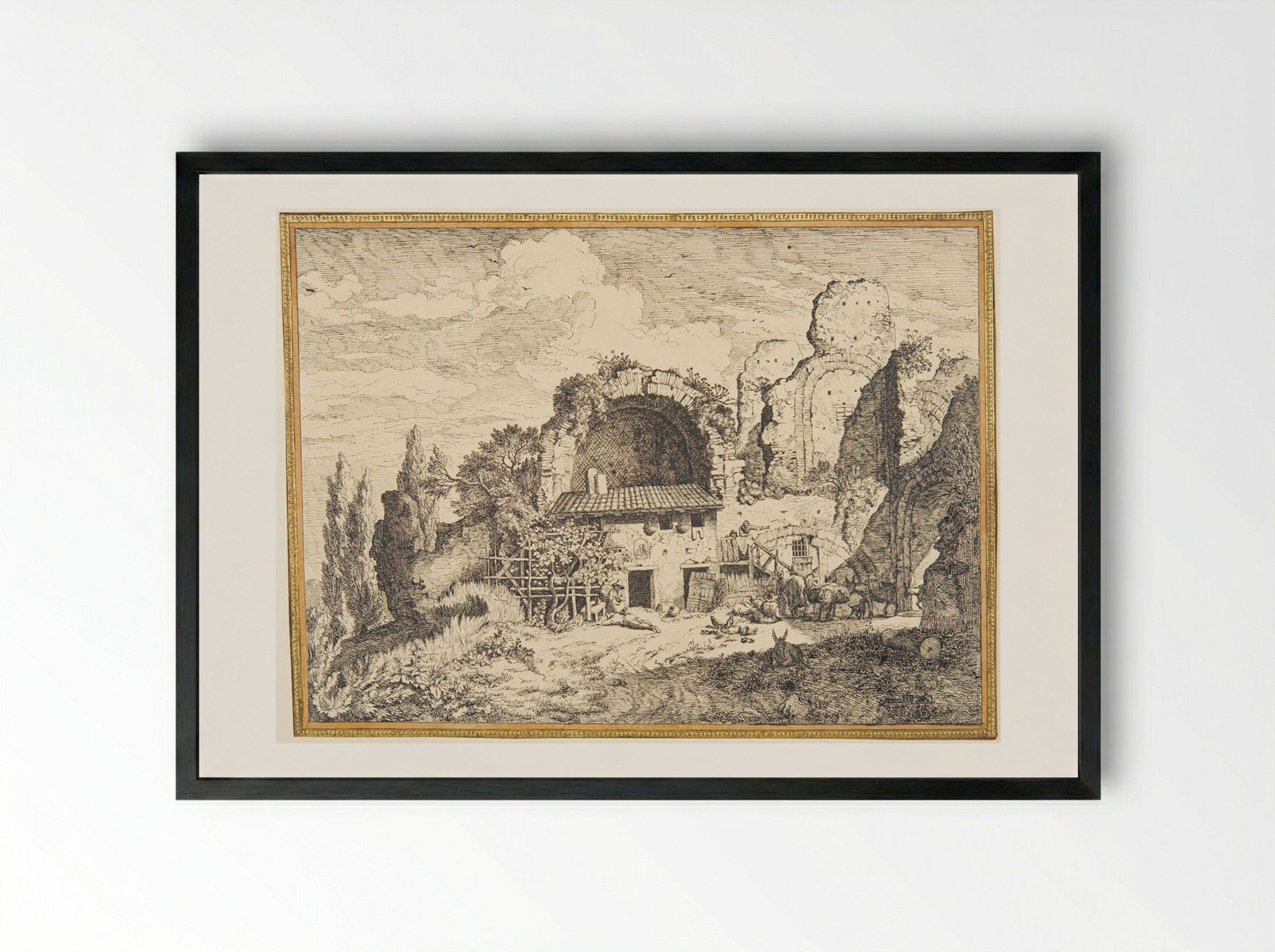 Landscape with a Farm Building and a Ruin - Christian Wilhelm Ernst Dietrich - Framed Print Black