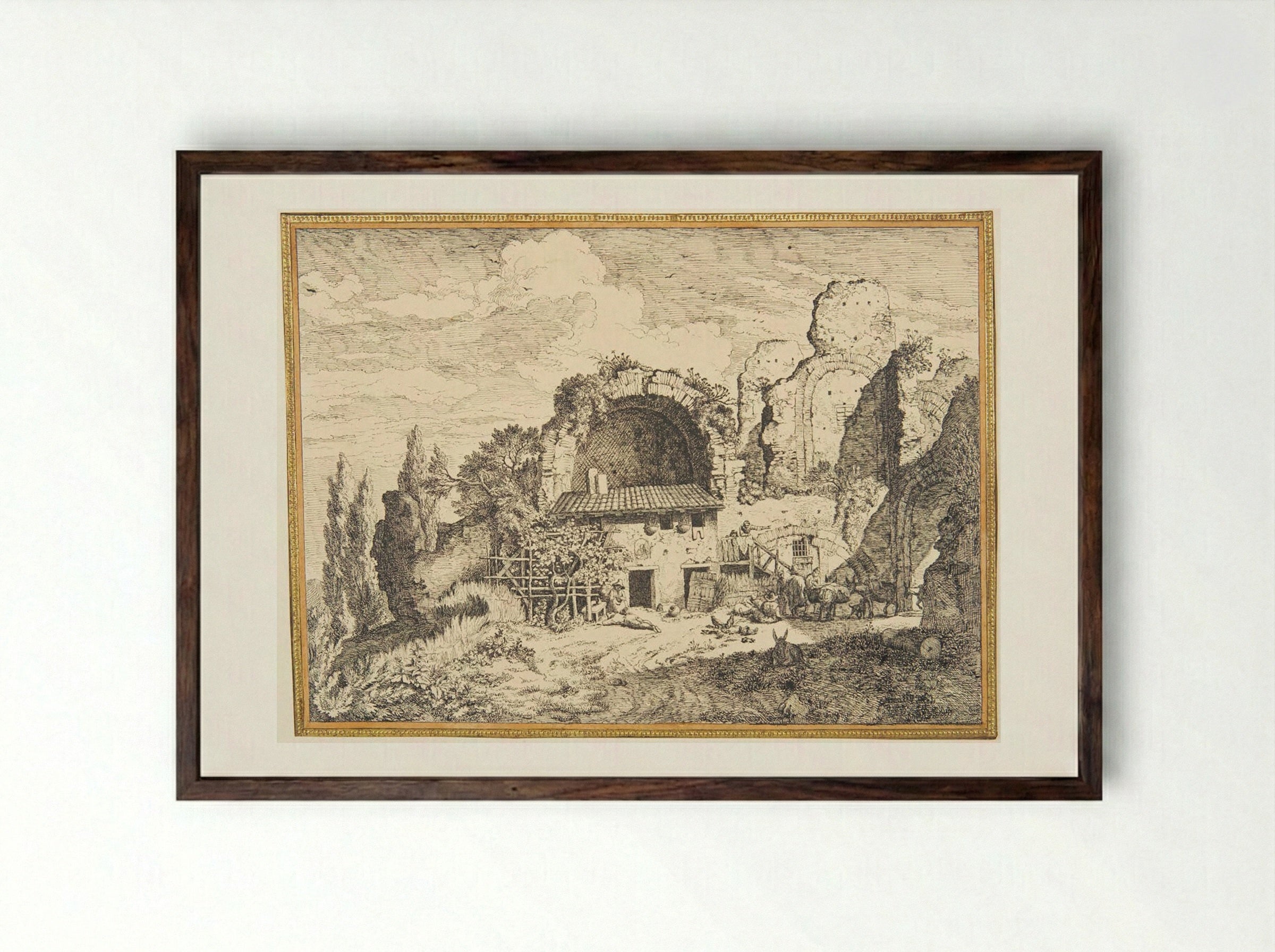 Landscape with a Farm Building and a Ruin - Christian Wilhelm Ernst Dietrich - Framed Print Dark Wood