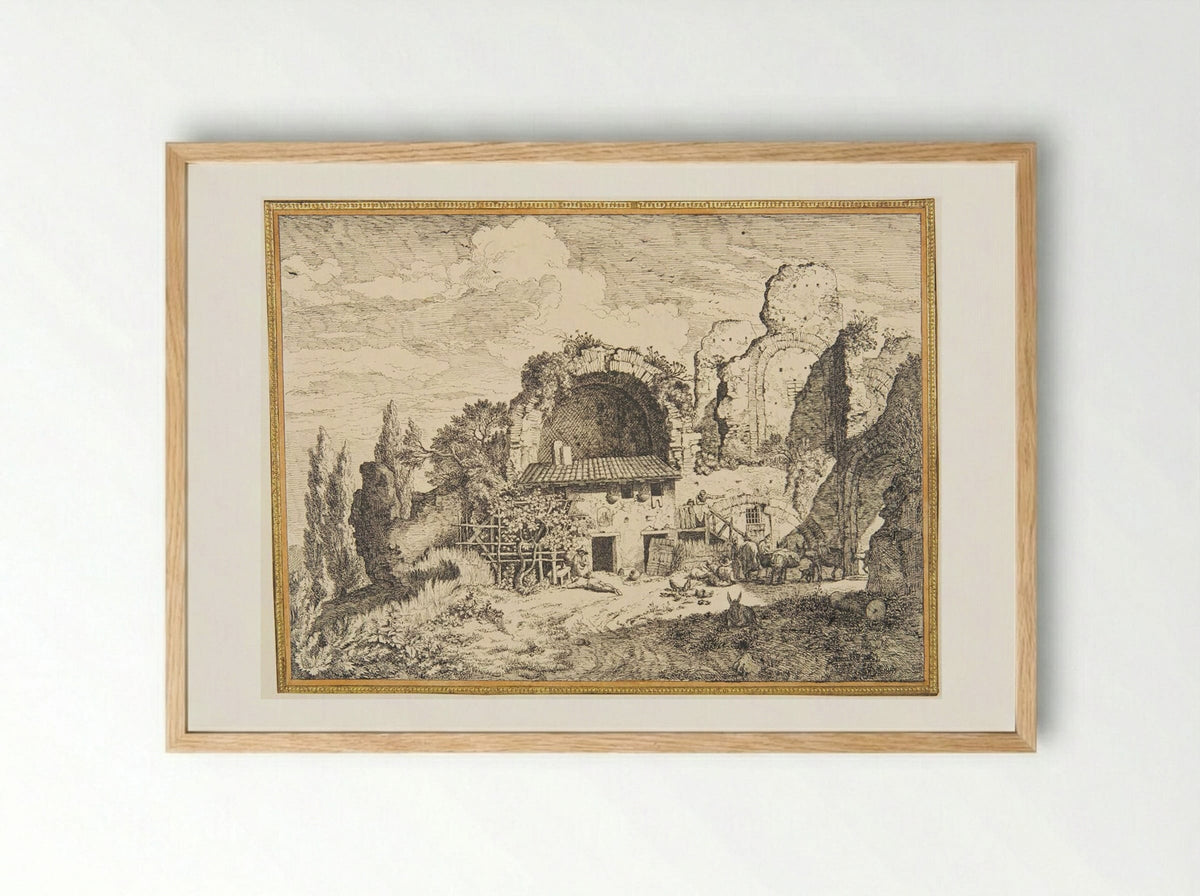 Landscape with a Farm Building and a Ruin - Christian Wilhelm Ernst Dietrich - Framed Print Wood