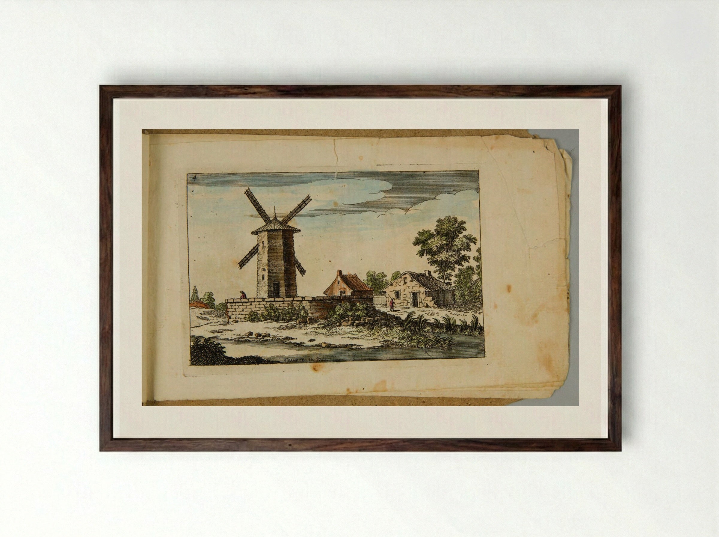 Landscape with a Farmhouse and a Hexagonal Windmill - François Vivares - Framed Print Dark Wood