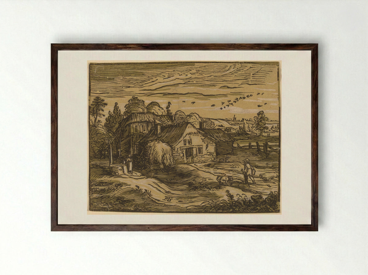 Landscape with a Farmhouse - Hendrick Goltzius - Framed Print Dark Wood