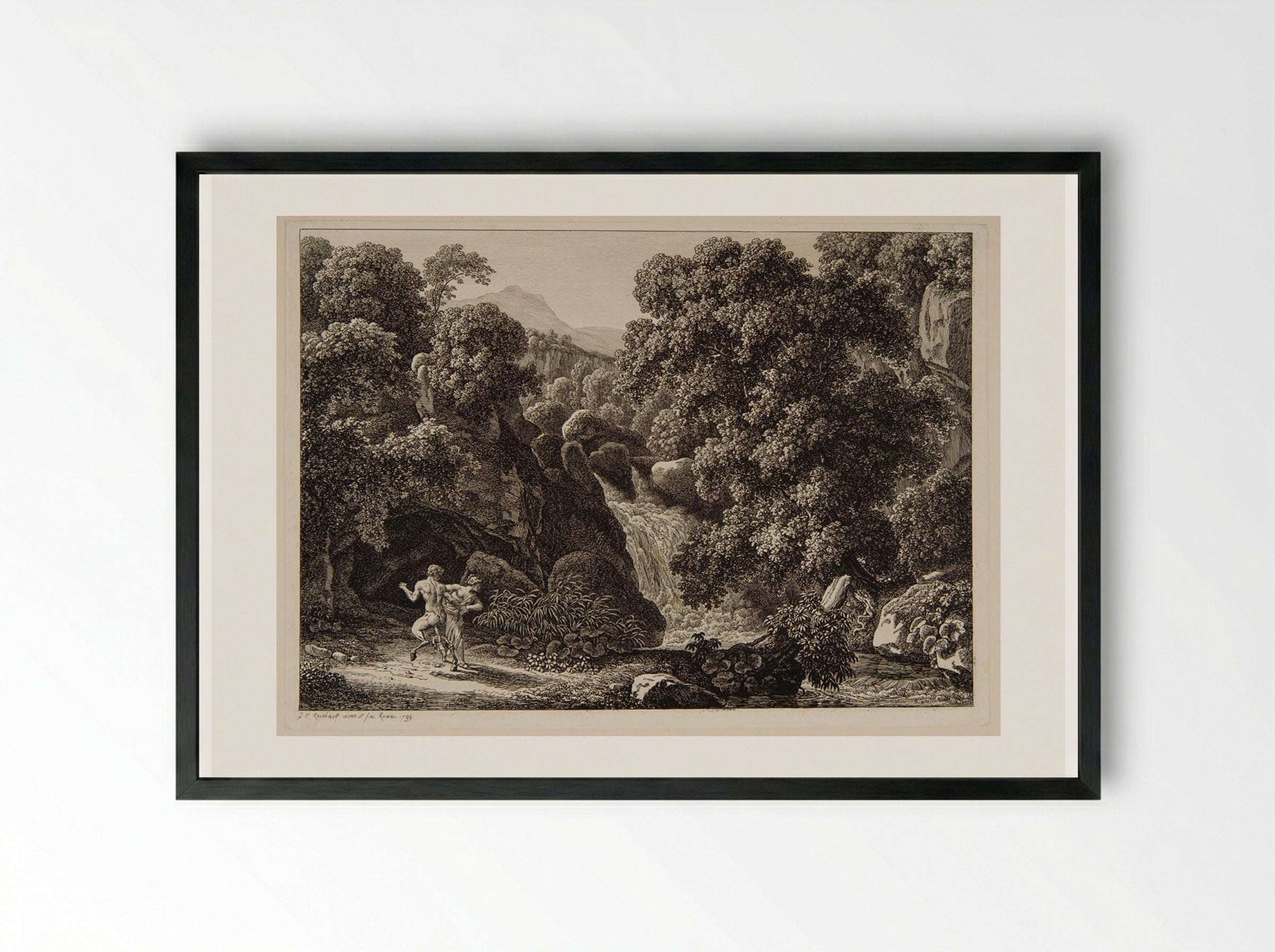 Landscape with a Faun and Nymph - Johann Christian Reinhart - Framed Print Black