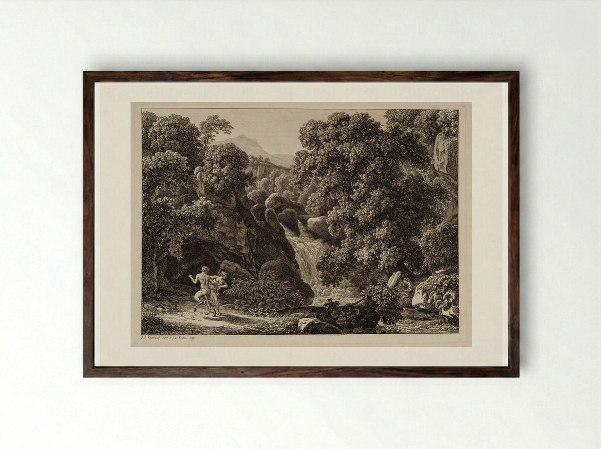 Landscape with a Faun and Nymph - Johann Christian Reinhart - Framed Print Dark Wood