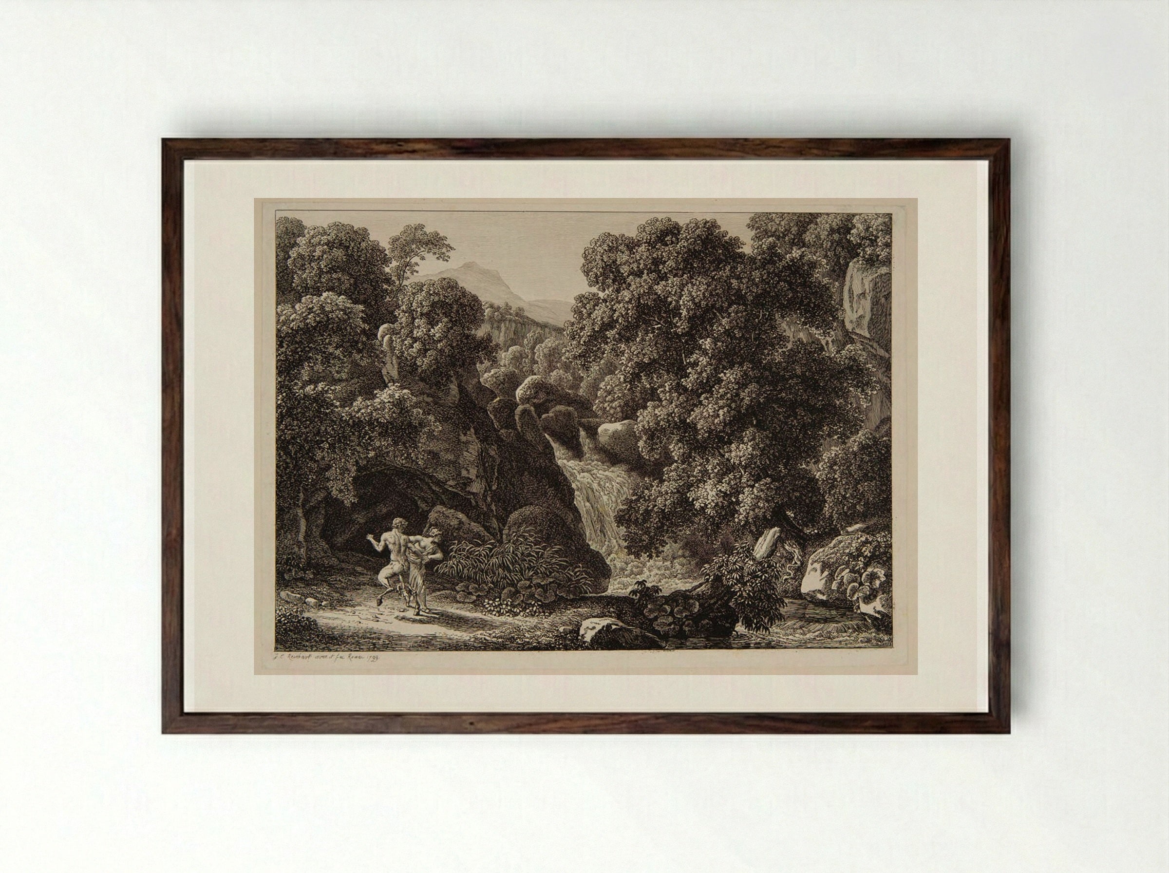 Landscape with a Faun and Nymph - Johann Christian Reinhart - Framed Print Dark Wood
