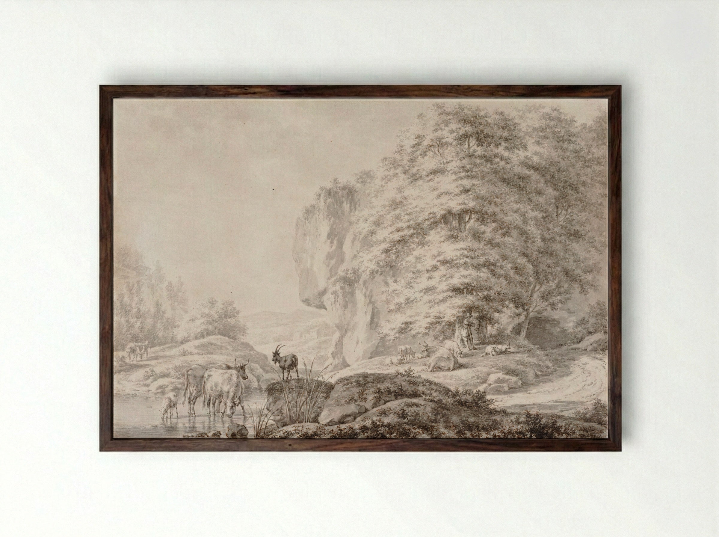 Landscape with a Herdsman and his Animals by a Stream - Jacob Cats - Framed Print Dark Wood