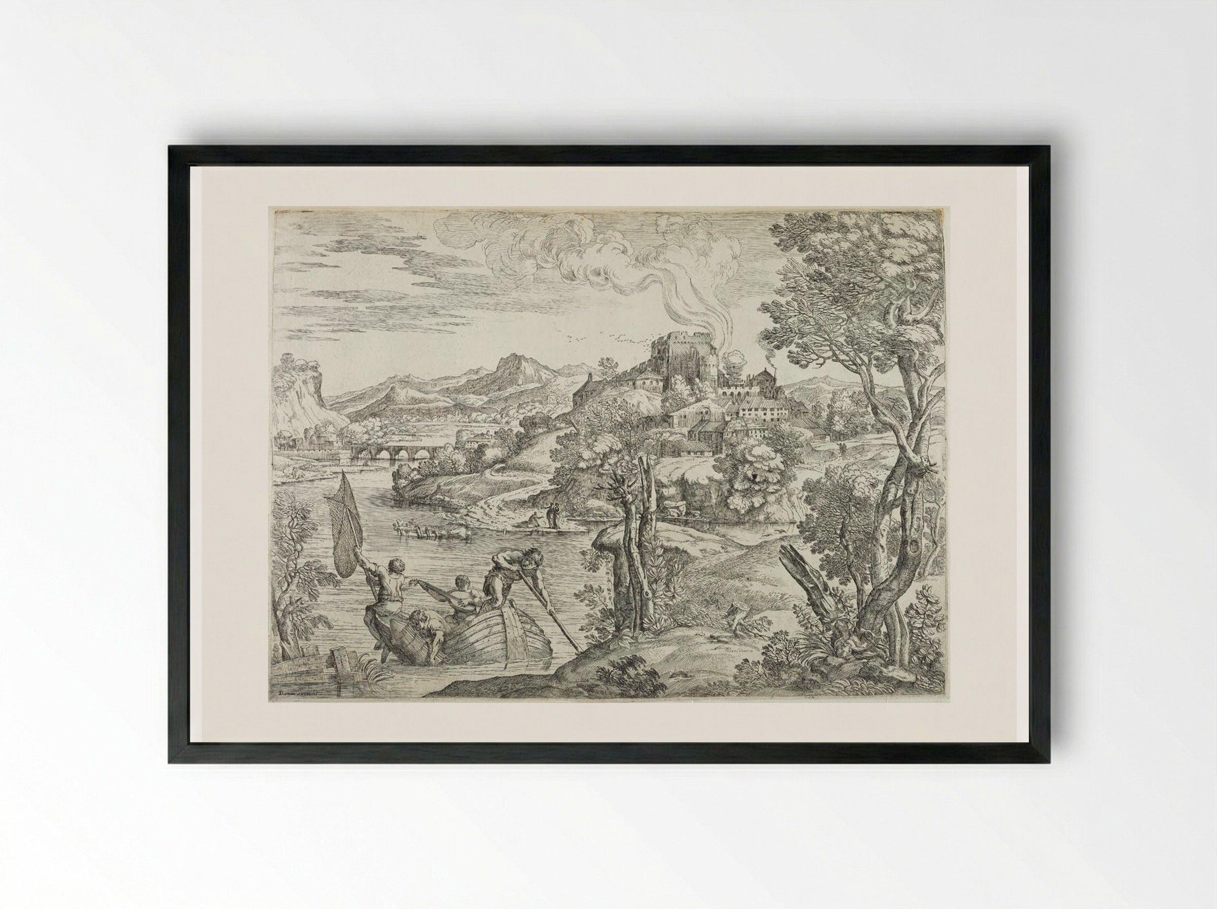 Landscape with a Luteplayer - Giovanni Francesco Grimaldi - Framed Print Black