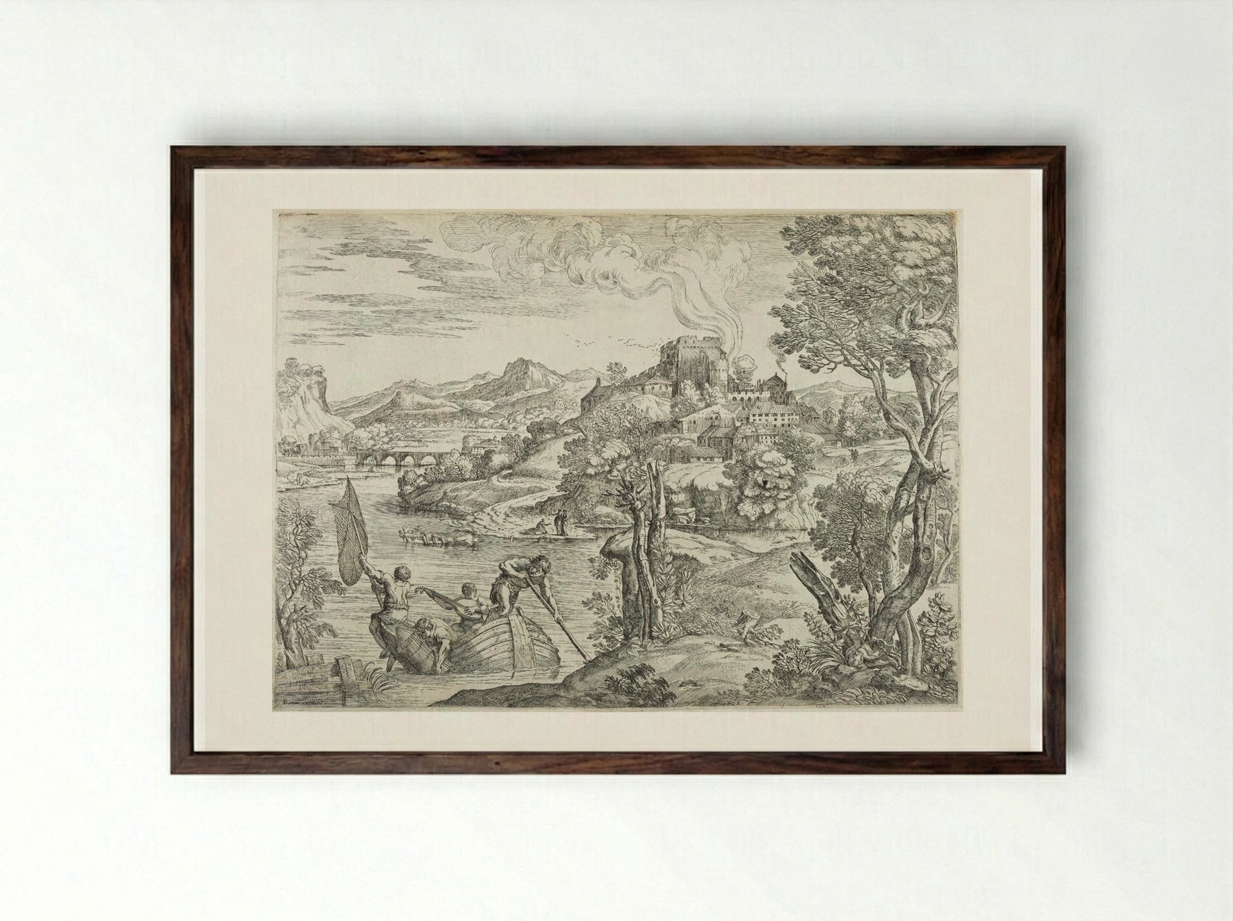 Landscape with a Luteplayer - Giovanni Francesco Grimaldi - Framed Print Dark Wood