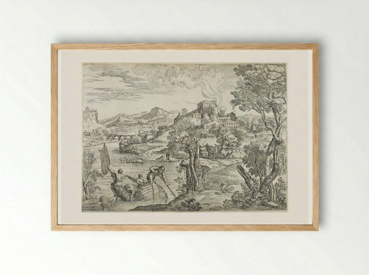 Landscape with a Luteplayer - Giovanni Francesco Grimaldi - Framed Print Wood