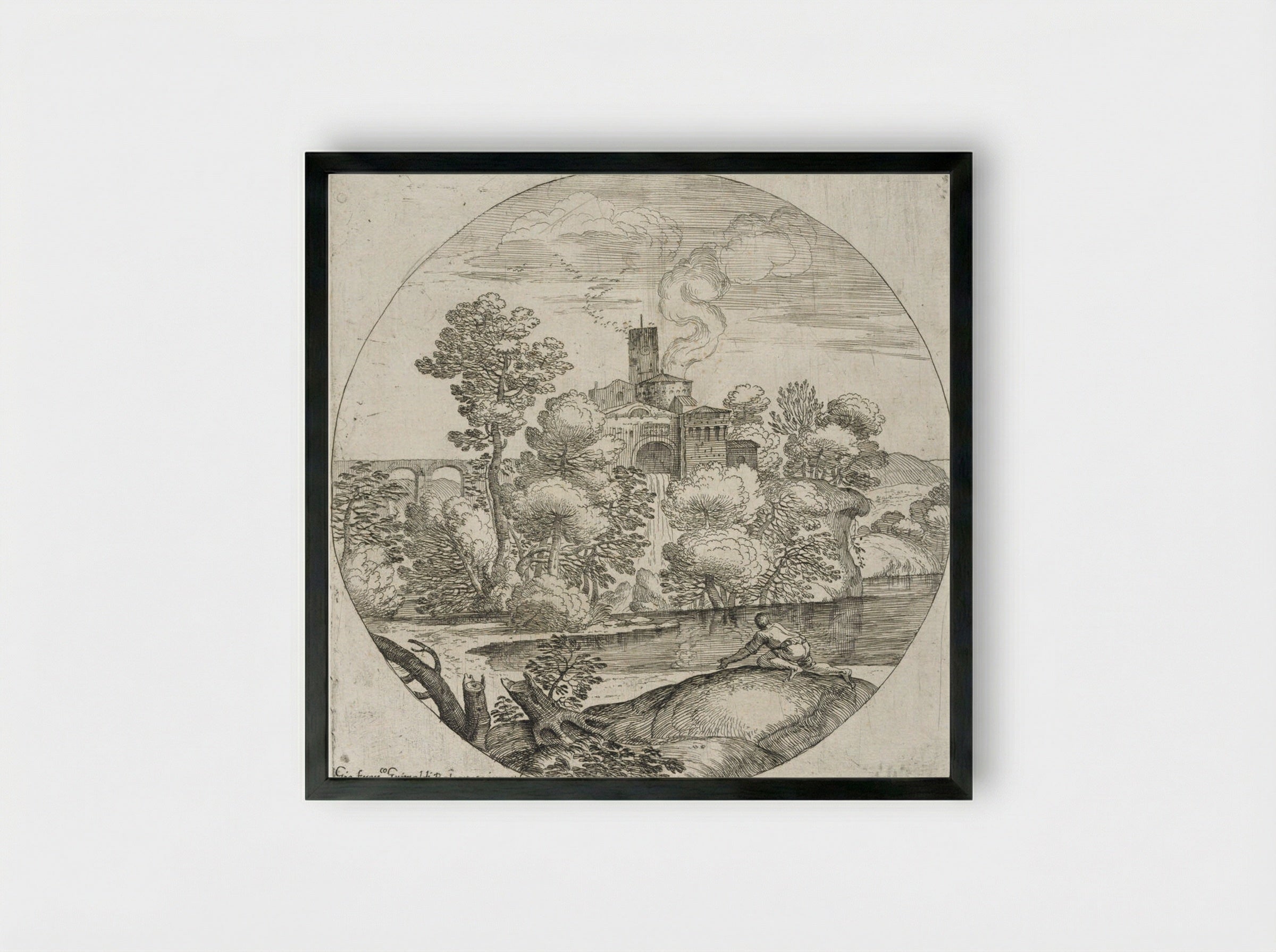 Landscape with a Man Crawling - Giovanni Francesco Grimaldi - Framed Print Black