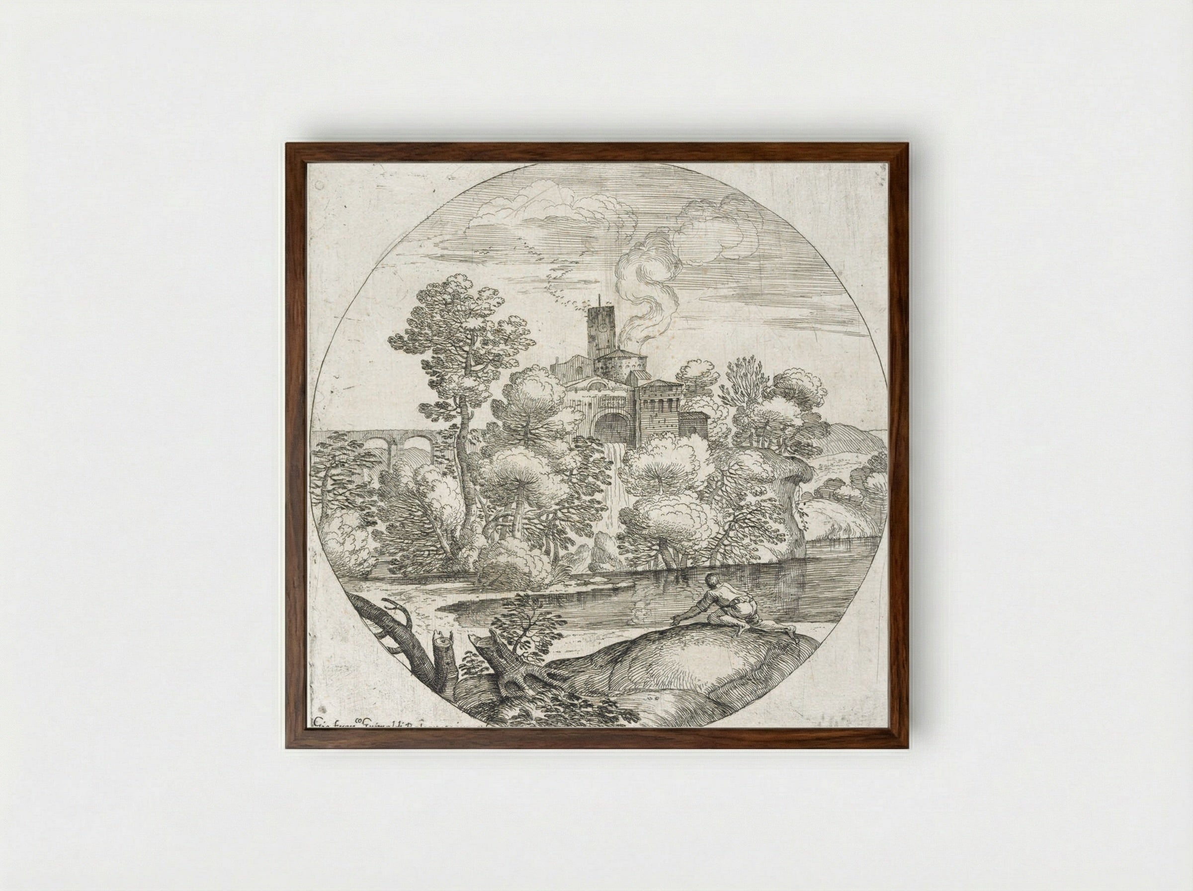 Landscape with a Man Crawling - Giovanni Francesco Grimaldi - Framed Print Dark Wood