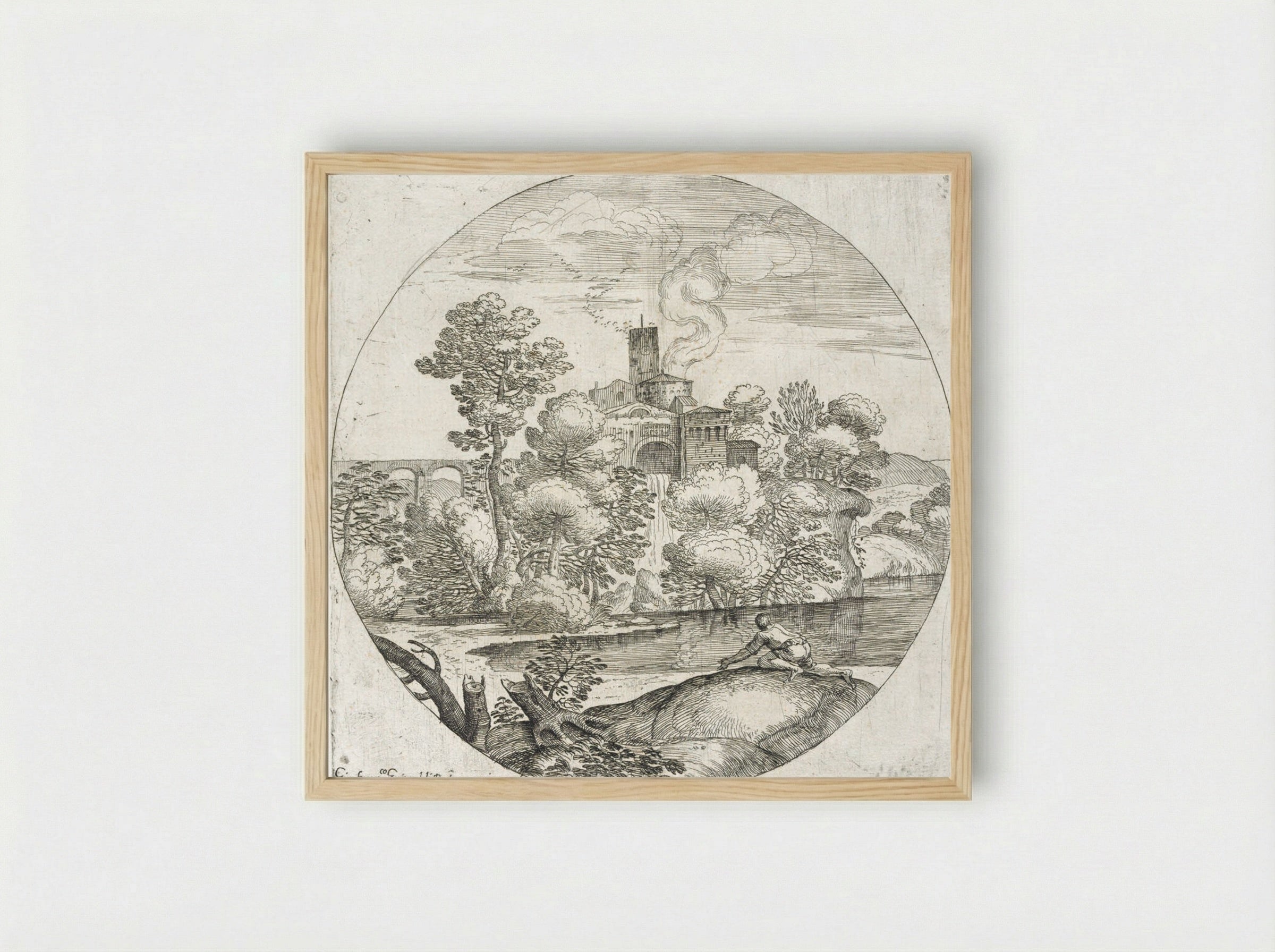 Landscape with a Man Crawling - Giovanni Francesco Grimaldi - Framed Print Wood