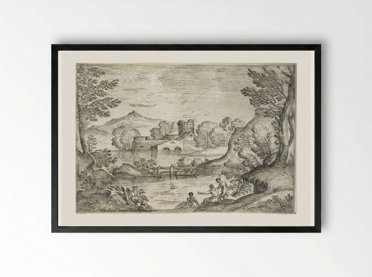 Landscape with a Man Standing near Two Seated Men - Giovanni Francesco Grimaldi - Framed Print Black